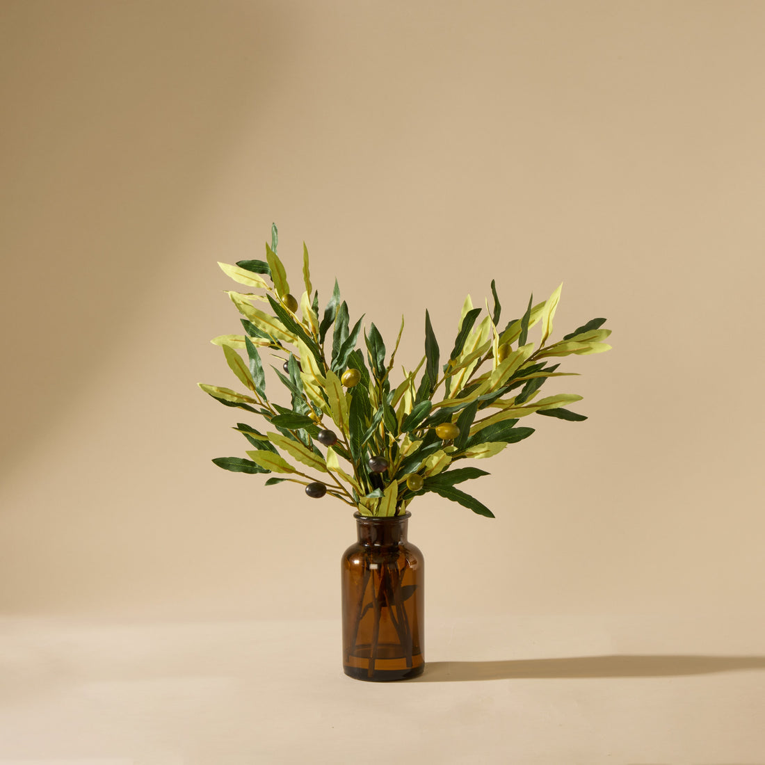 Artificial olive branch in a brown glass bottle on a beige background