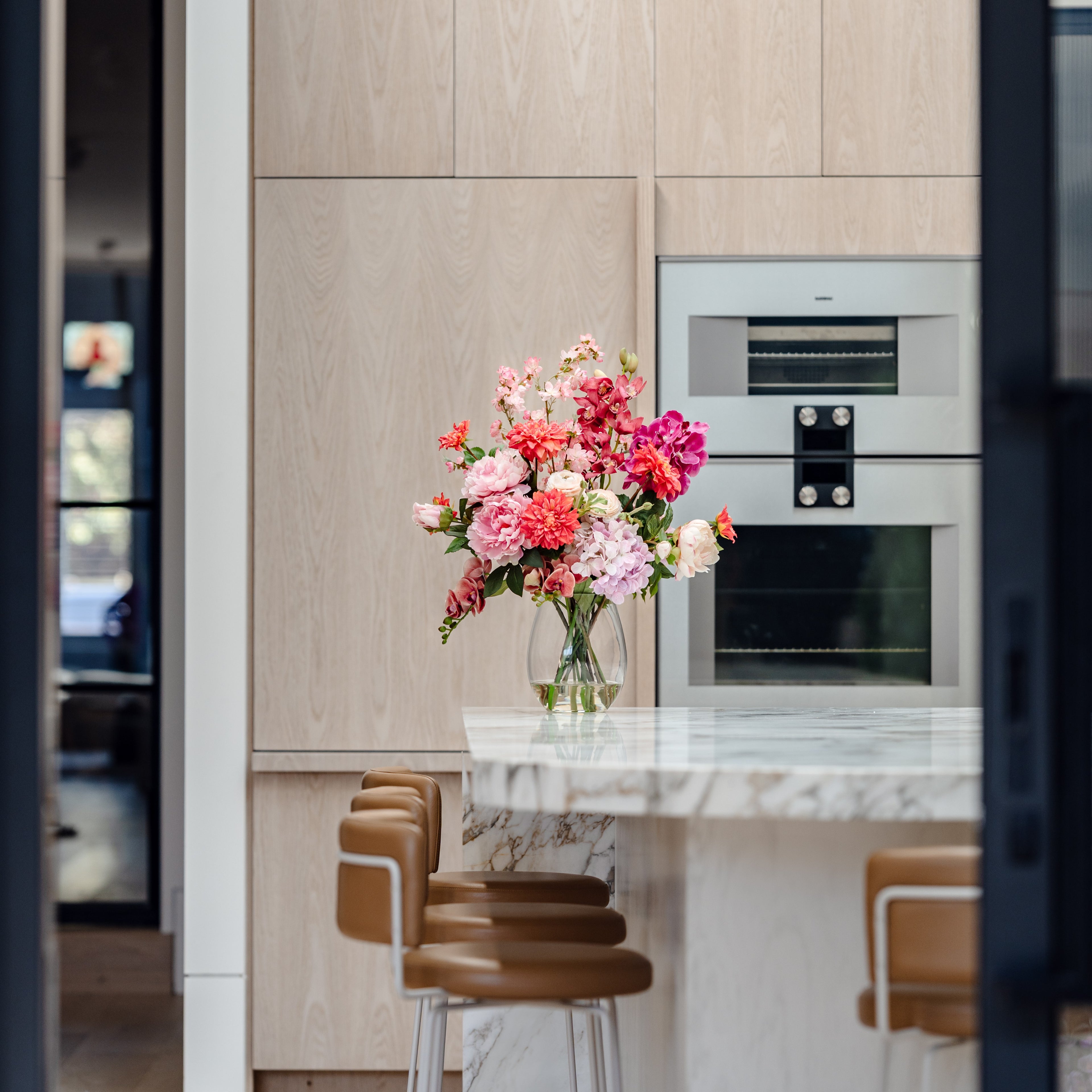 Faux Peony Cherry Blossom Arrangement - Glass Vase