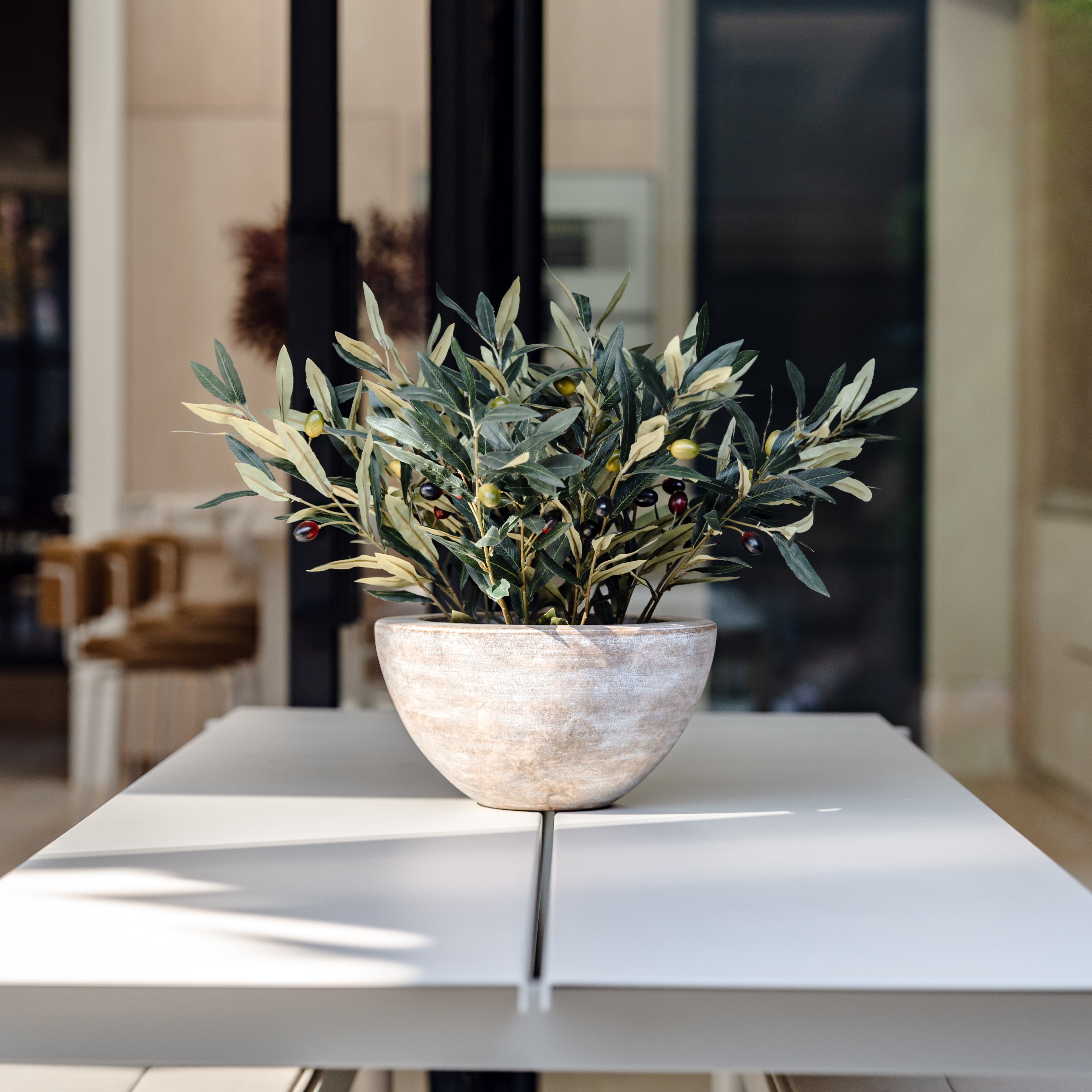 Faux Olive Spray Arrangement - Earthenware Bowl | 68cm