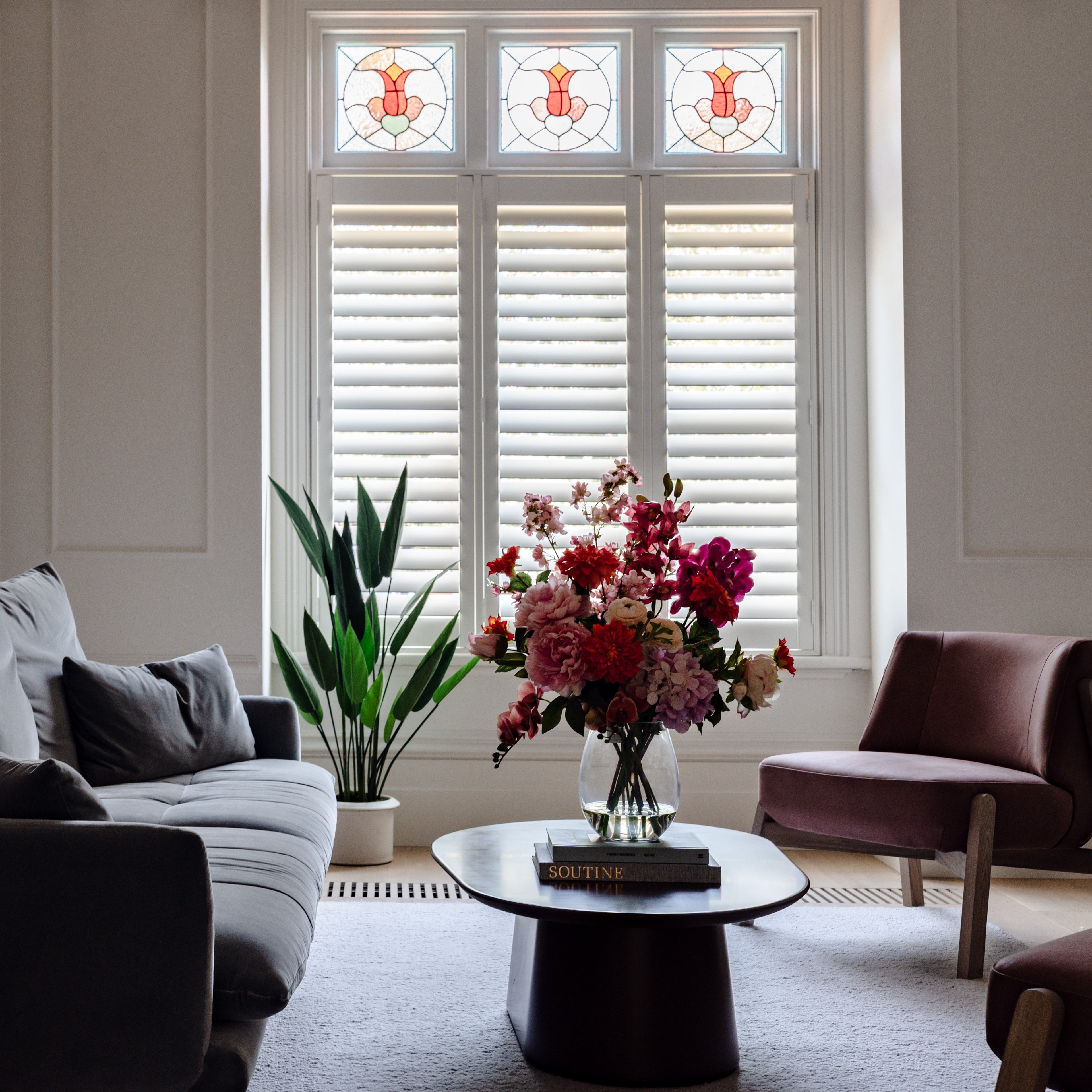 Faux Peony Cherry Blossom Arrangement - Glass Vase