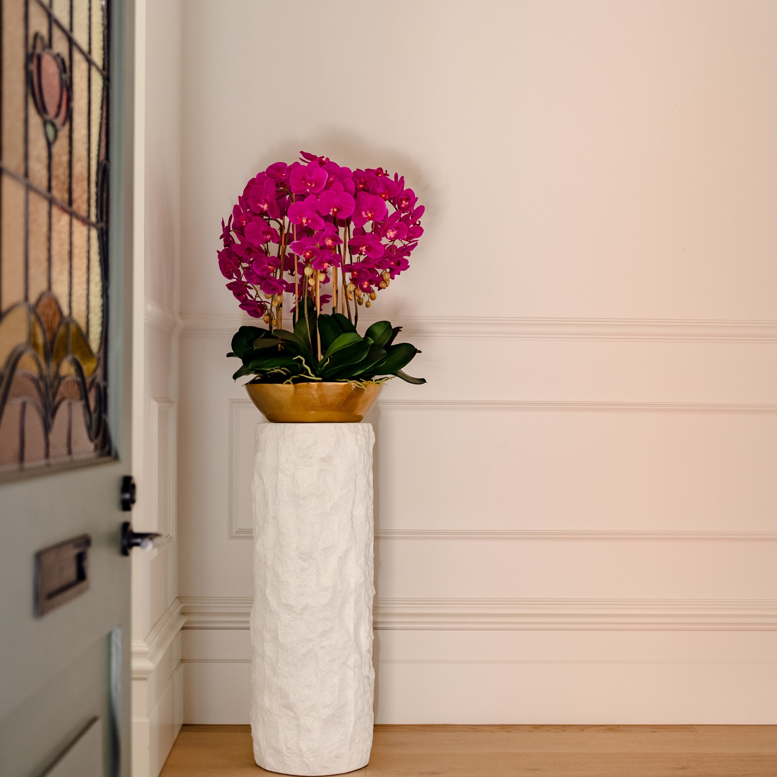 Faux Phalaenopsis Orchid - Gold Metal Bowl | Pink - 70cm