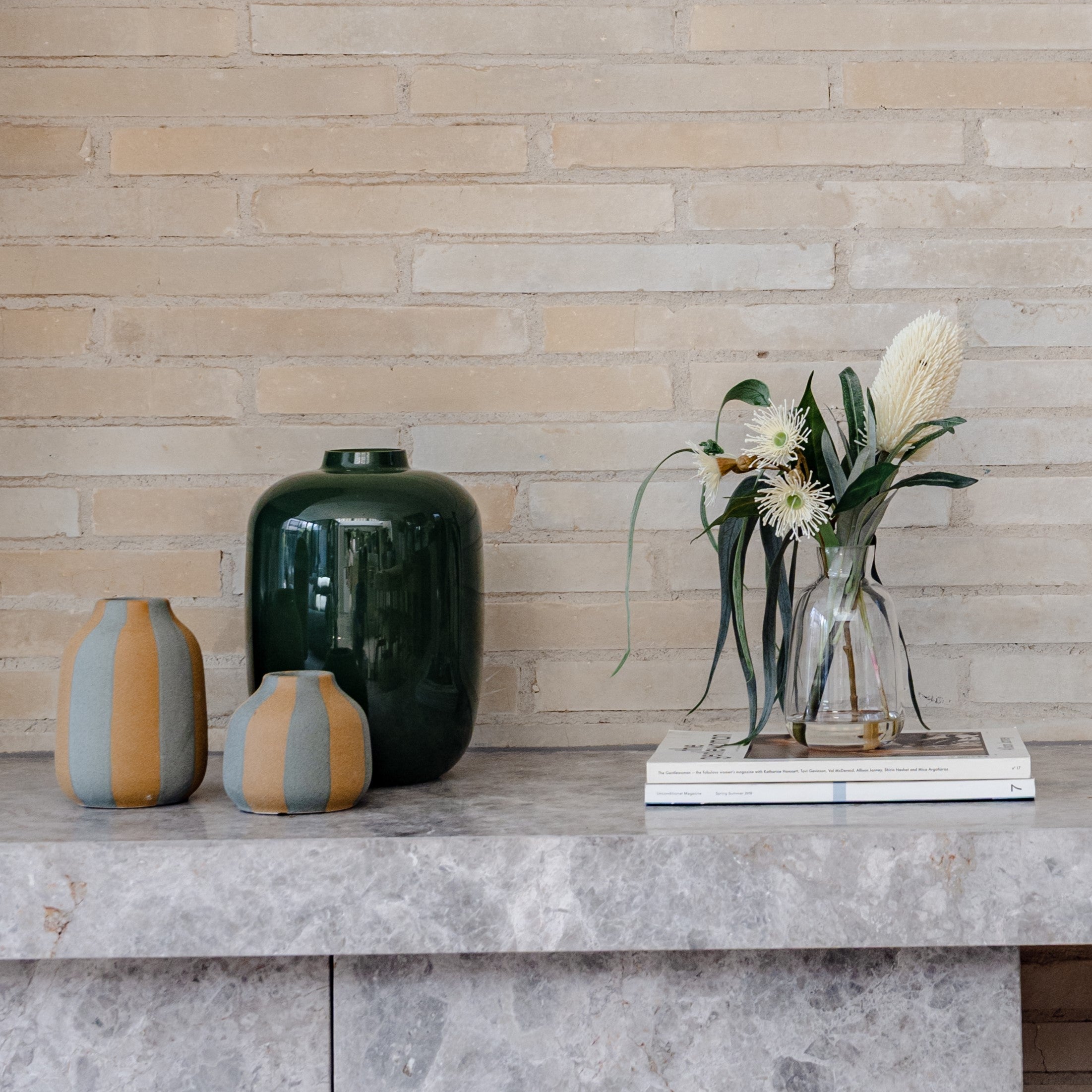 Faux Banksia Eucalyptus Arrangement - Glass Vase | Cream - 38cm