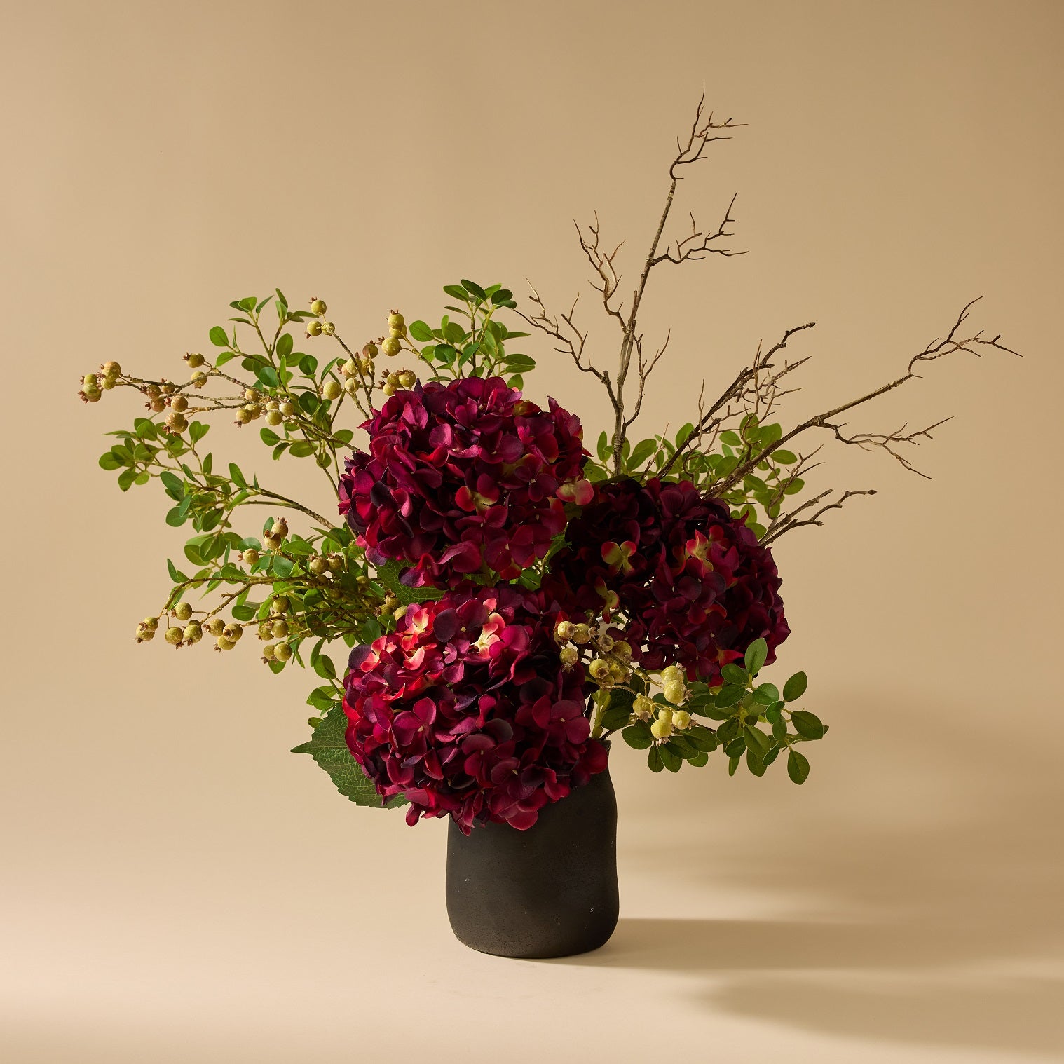 Faux Hydrangea Berry Arrangement - Maliah Pot | Red - 80cm