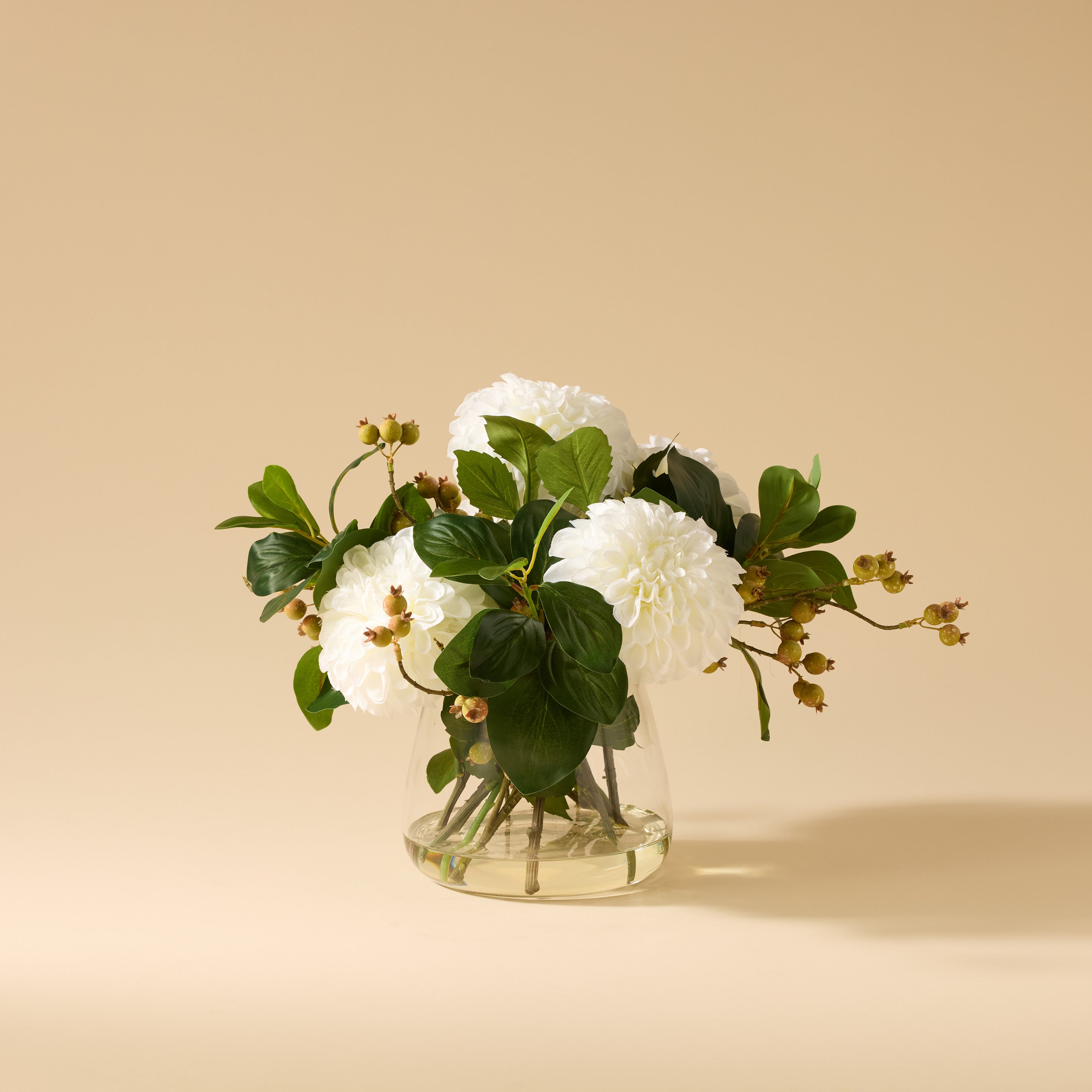 Faux Chrysanthemum Berry Arrangement - Classic Bowl | White - 56cm