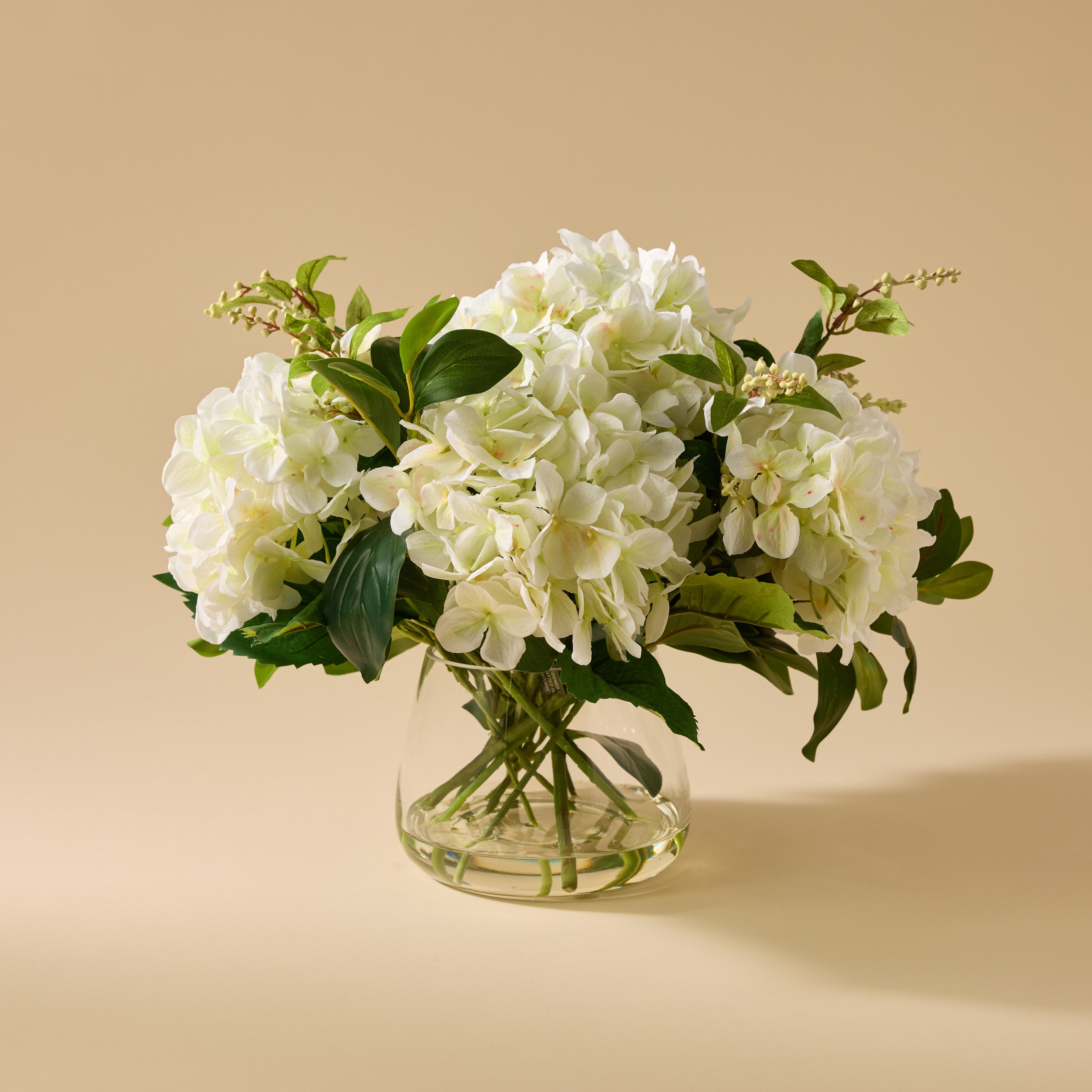 Faux Hydrangea Nite Berry Arrangement -Classic Bowl | White - 54cm
