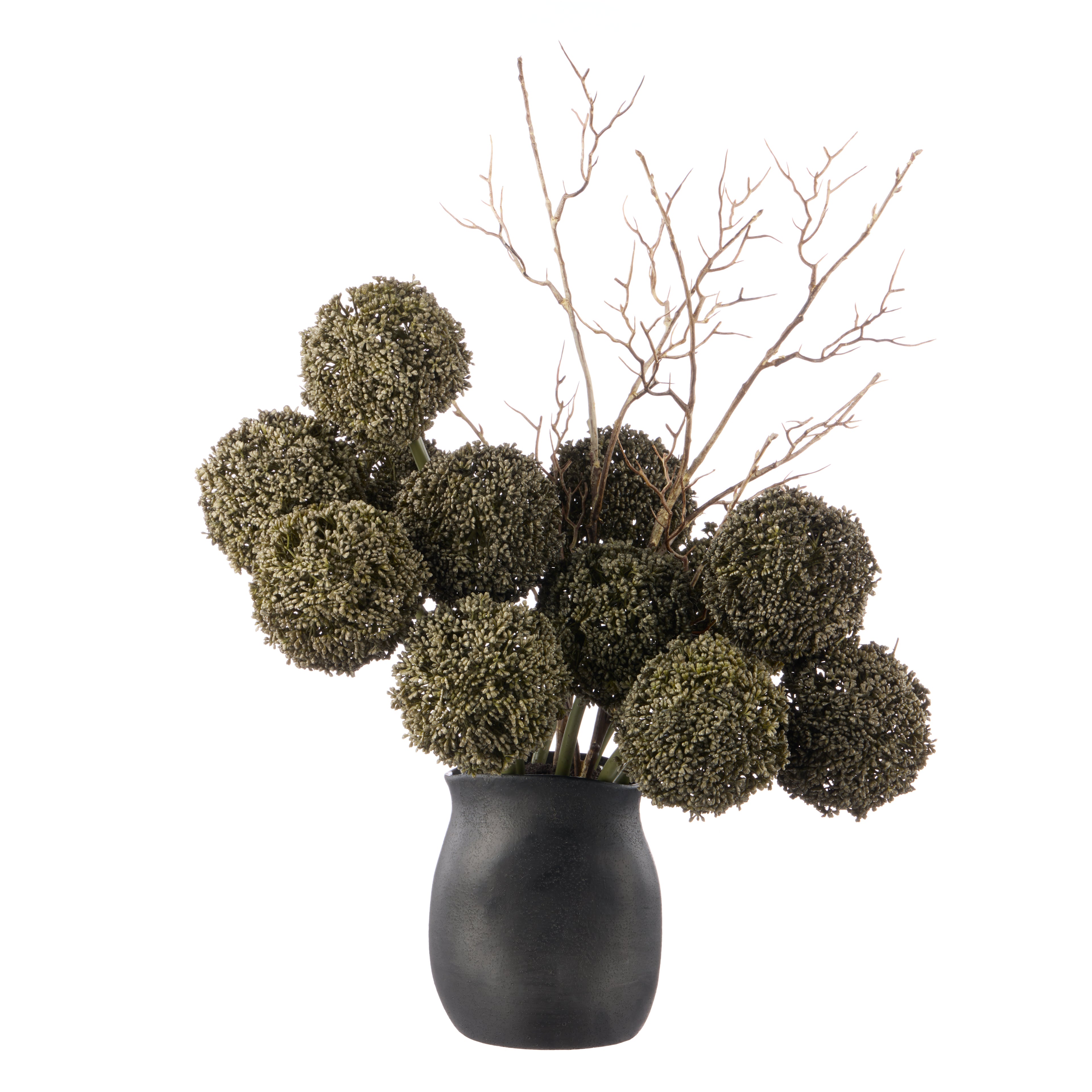 Faux Allium Spray Arrangement - Maliah Pot Black | Green - 65cm