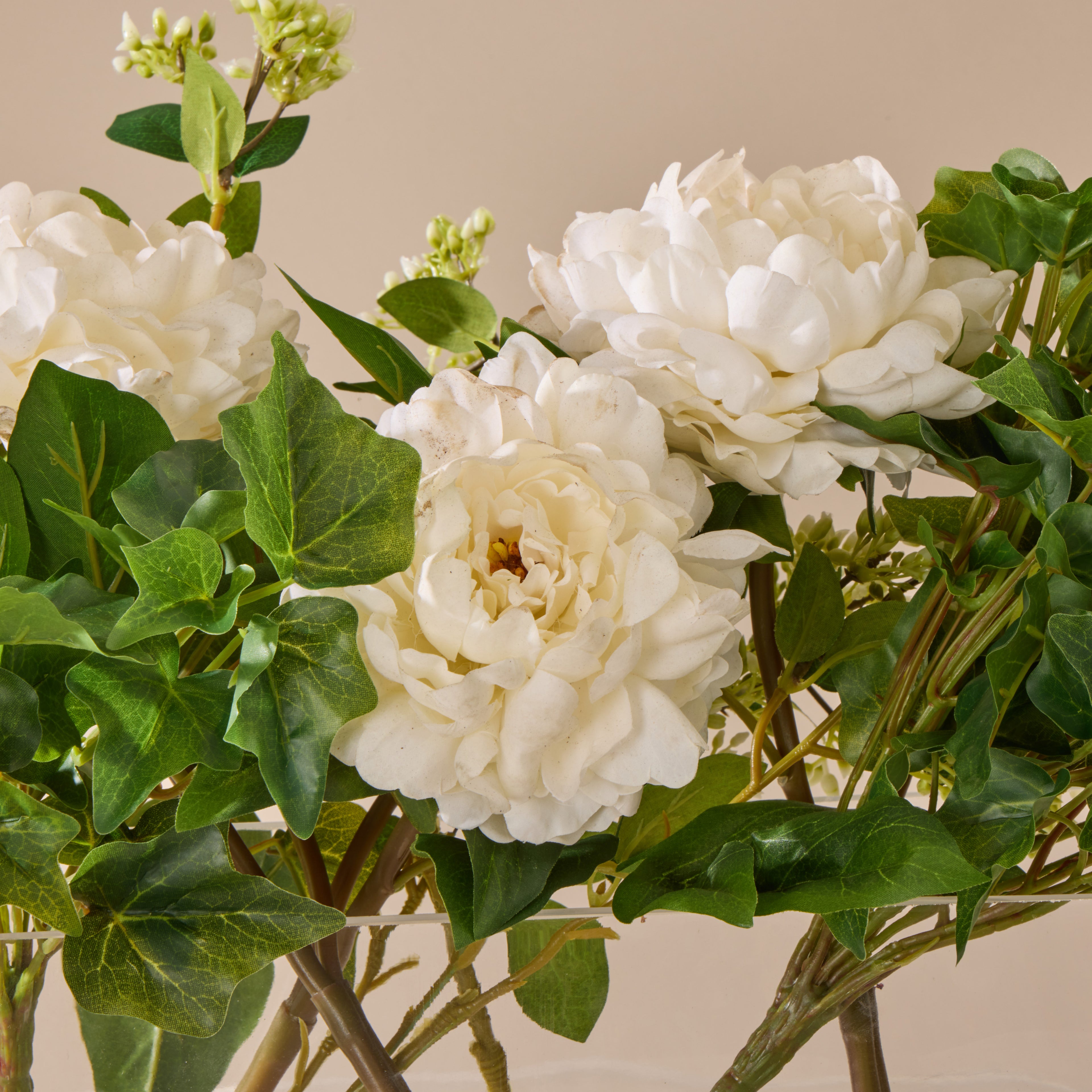 Faux Peony Ivy Mix - Esme Trough Vase | White - 32cm