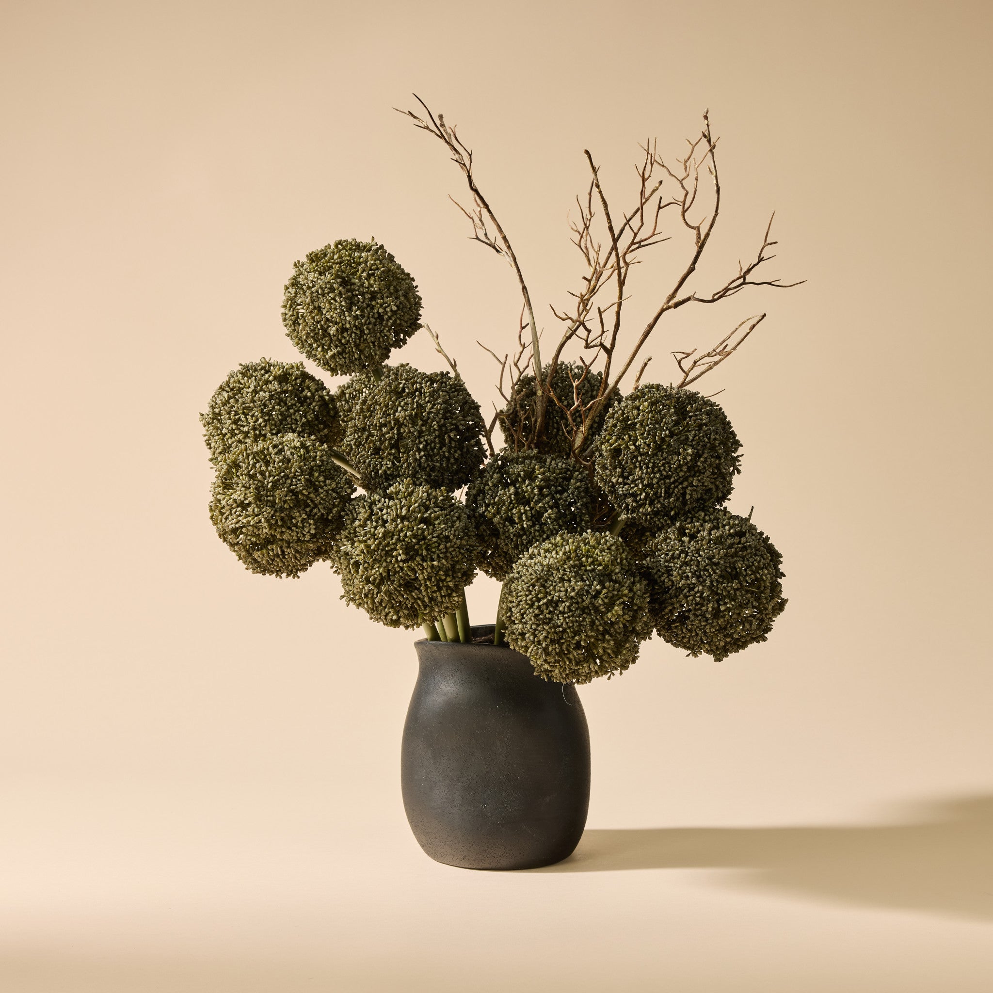 Faux Allium Spray Arrangement - Maliah Pot Black | Green - 65cm