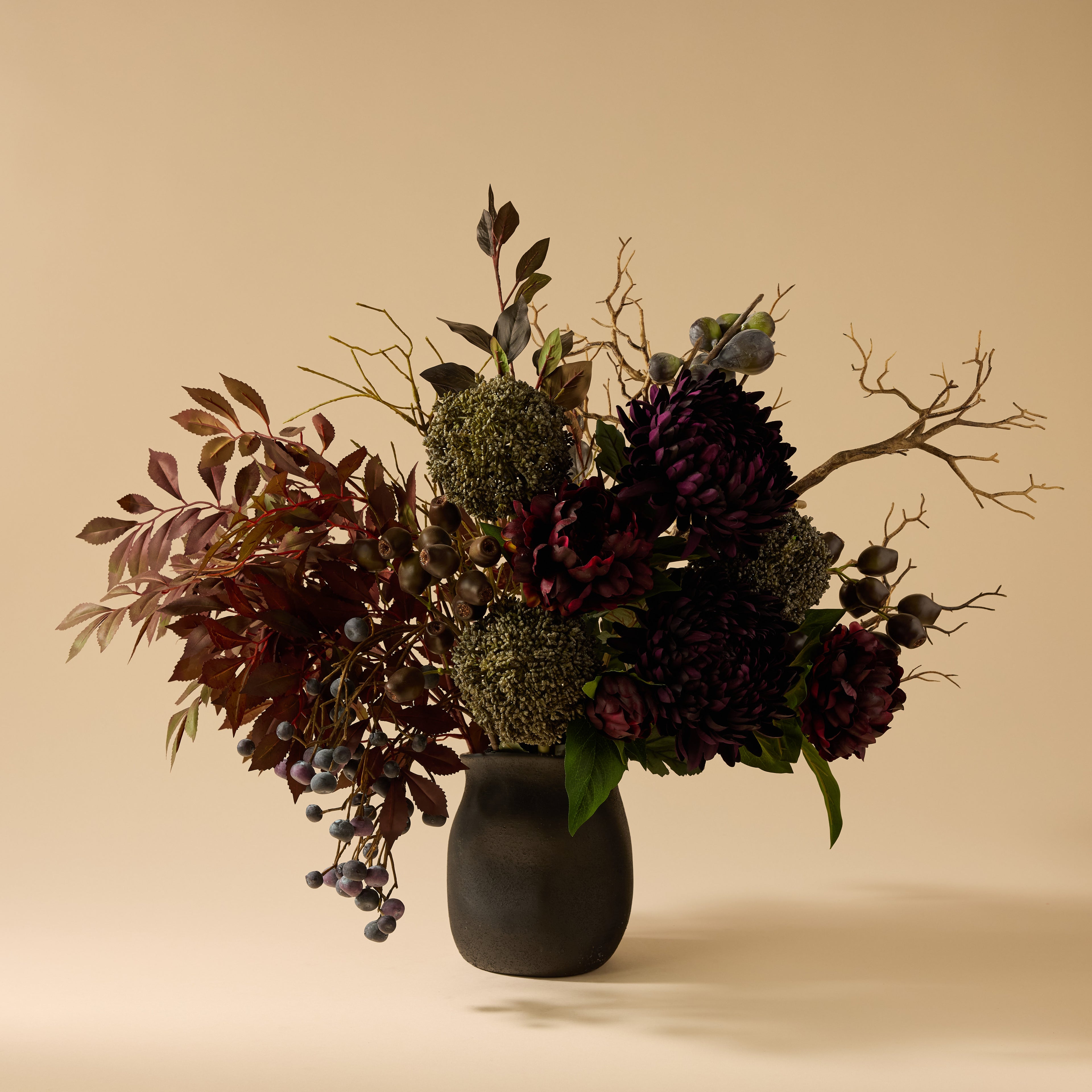 Faux Chrysanthemum Fig Garden Mix Arrangement - Maliah Pot | Purple - 66cm