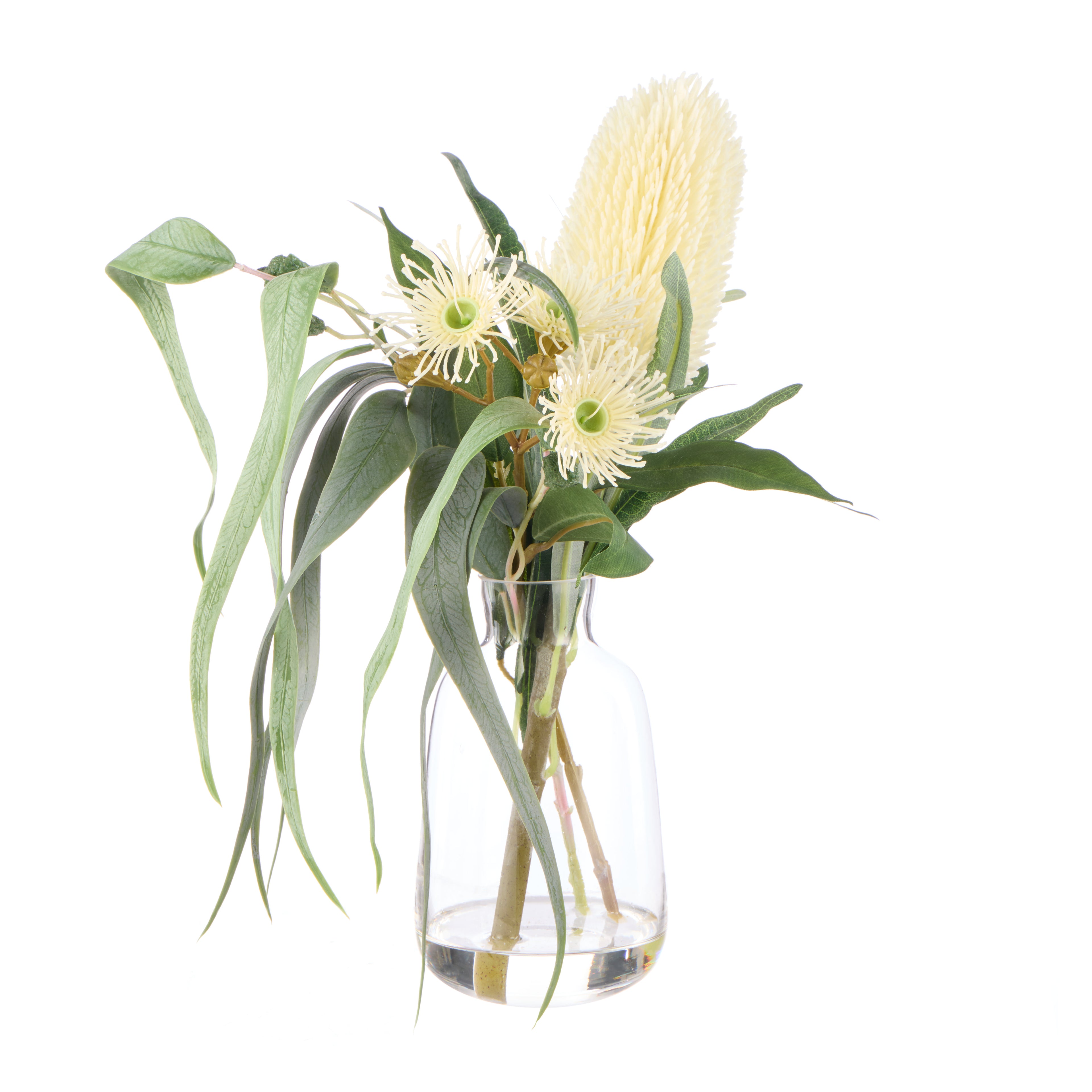 Faux Banksia Eucalyptus Arrangement - Glass Vase | Cream - 38cm