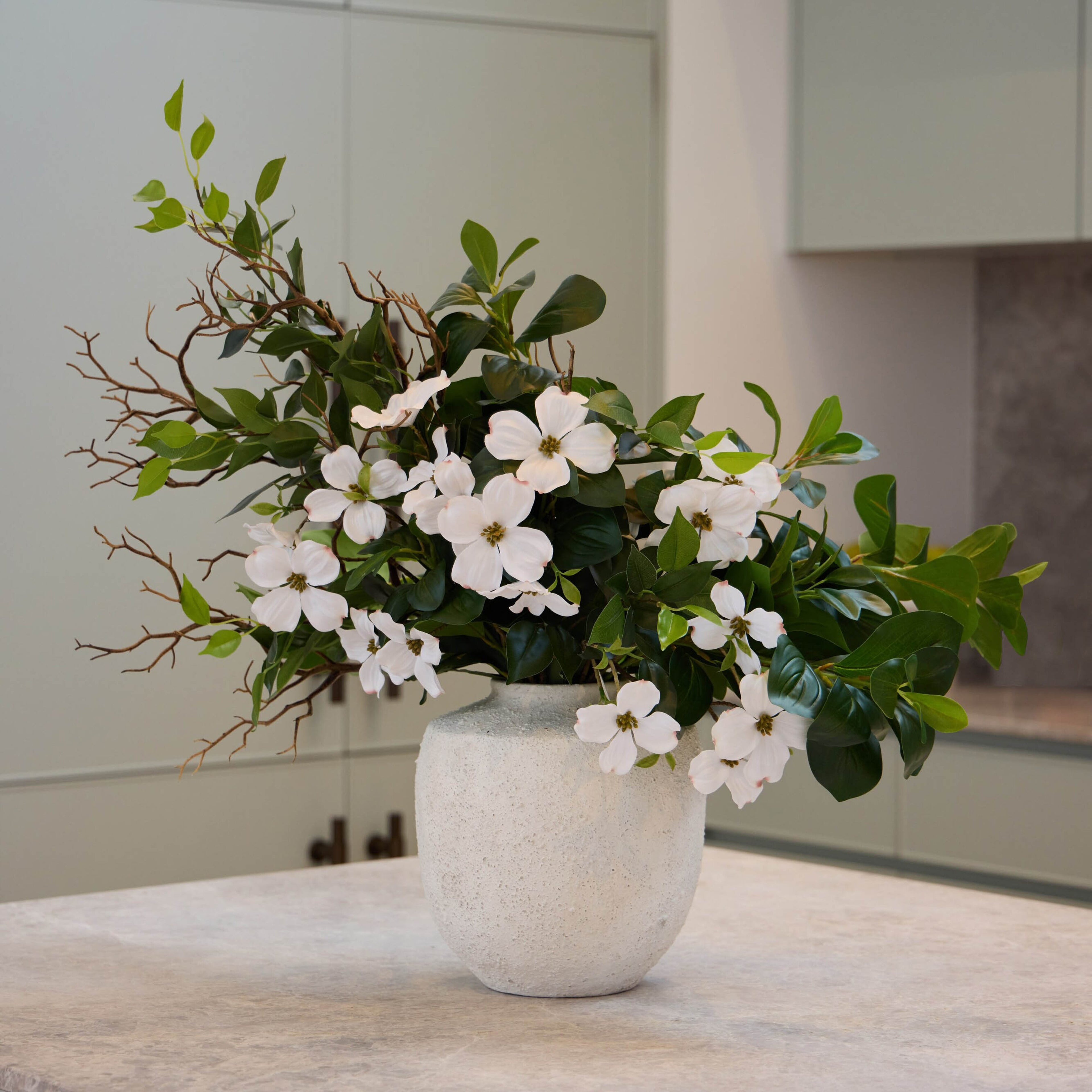 Faux Dogwood Ficus Mix - Lanah Vase | White - 79cm