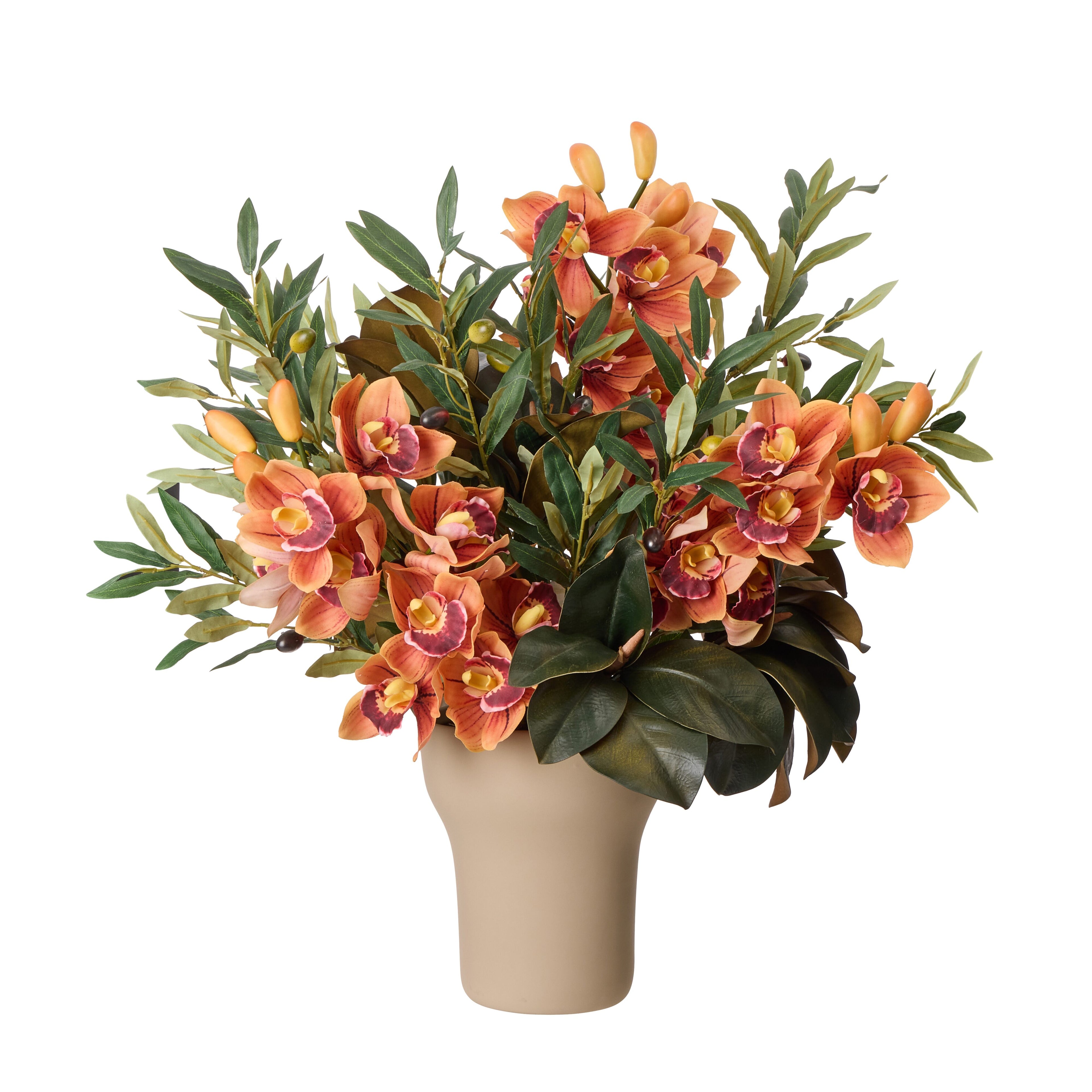 Faux Cymbidium Olive Mix - Douglas Vase | Orange - 66cm