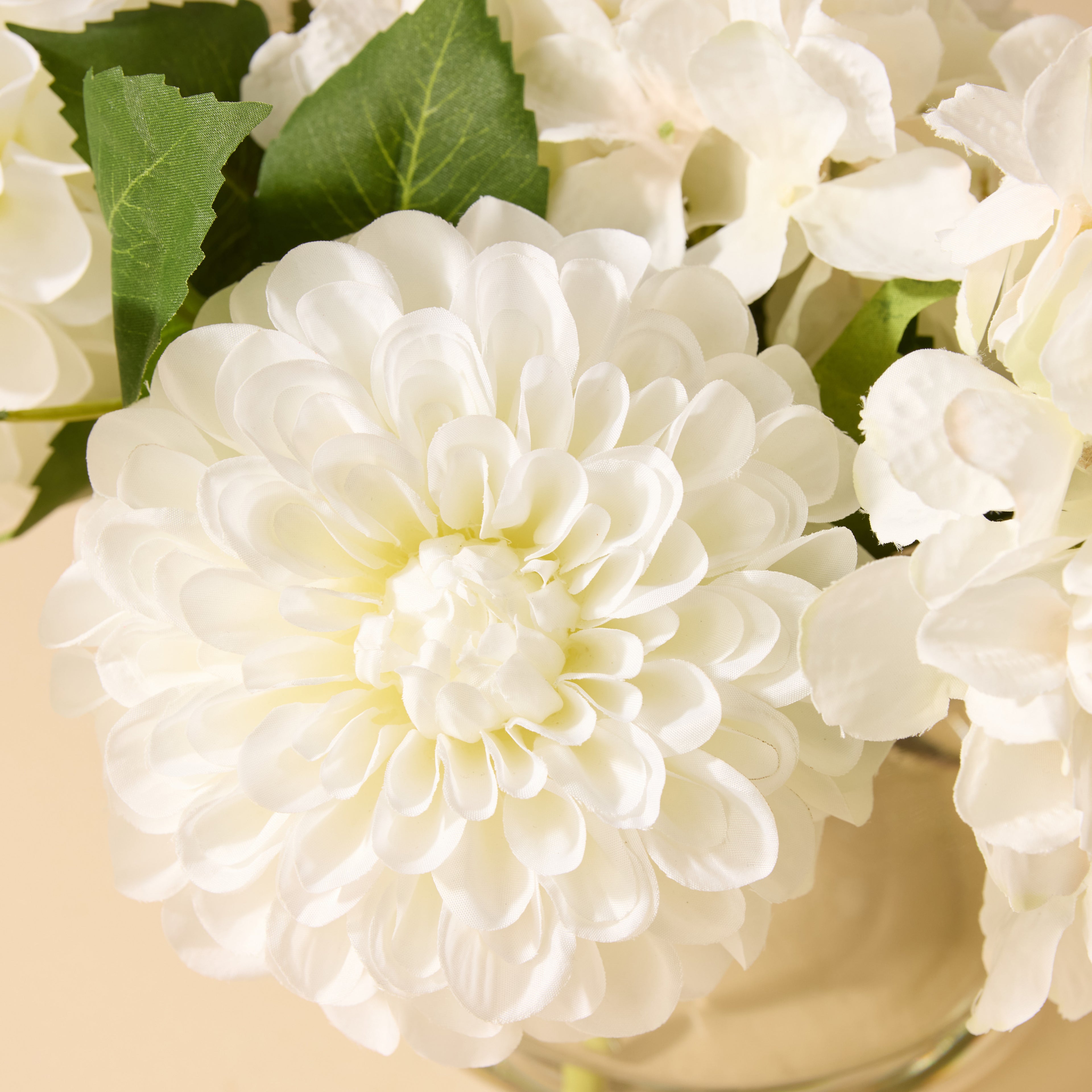 Faux Chrysanthemum Hydrangea Arrangement - Classic Bowl | White - 23cm