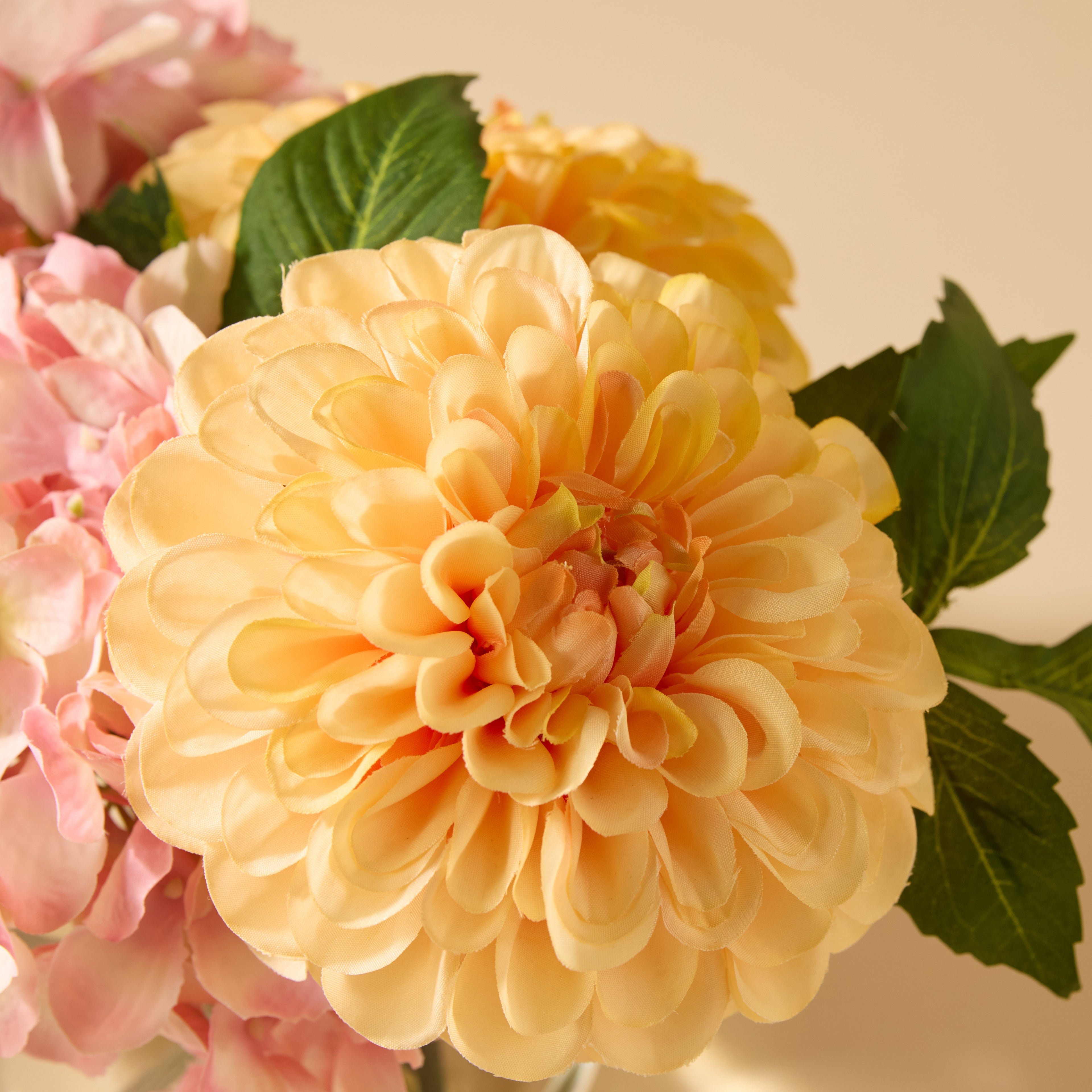 Faux Chrysanthemum Hydrangea Arrangement - Classic Bowl | Orange & Pink - 23cm