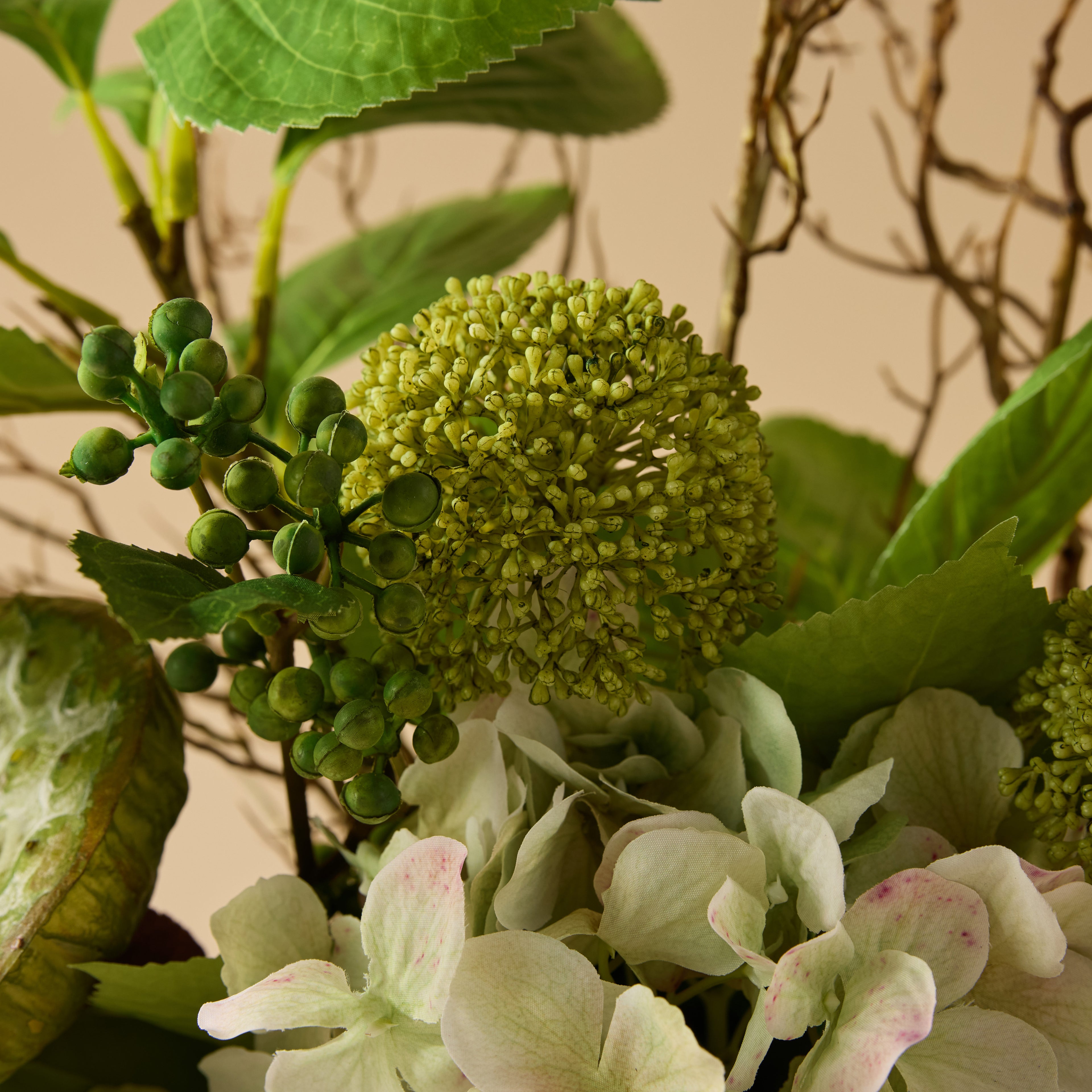 Faux Hydrangea Lotus Pod Fig Mix - Maliah Pot | Green - 62cm