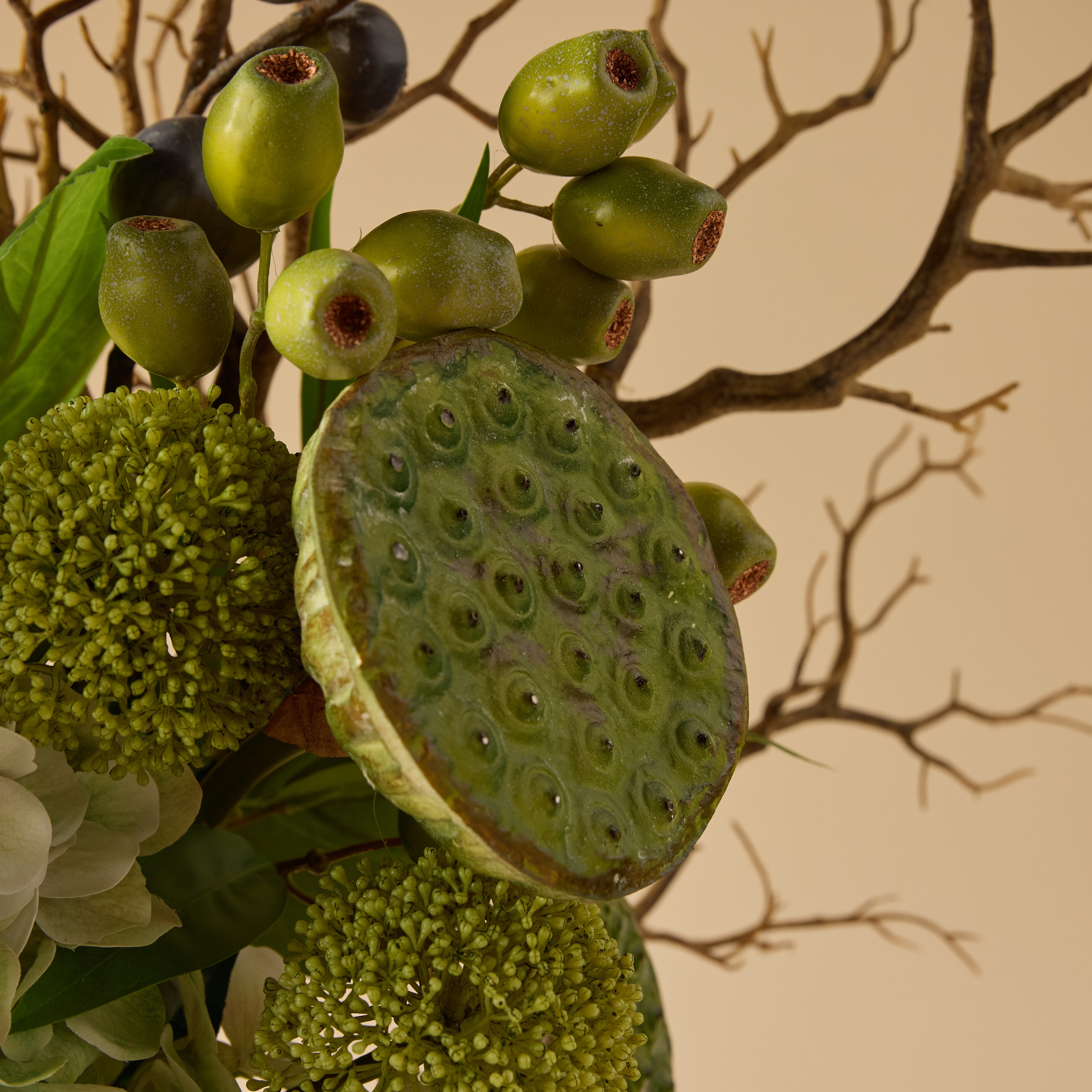 Faux Hydrangea Lotus Pod Fig Mix - Maliah Pot | Green - 62cm