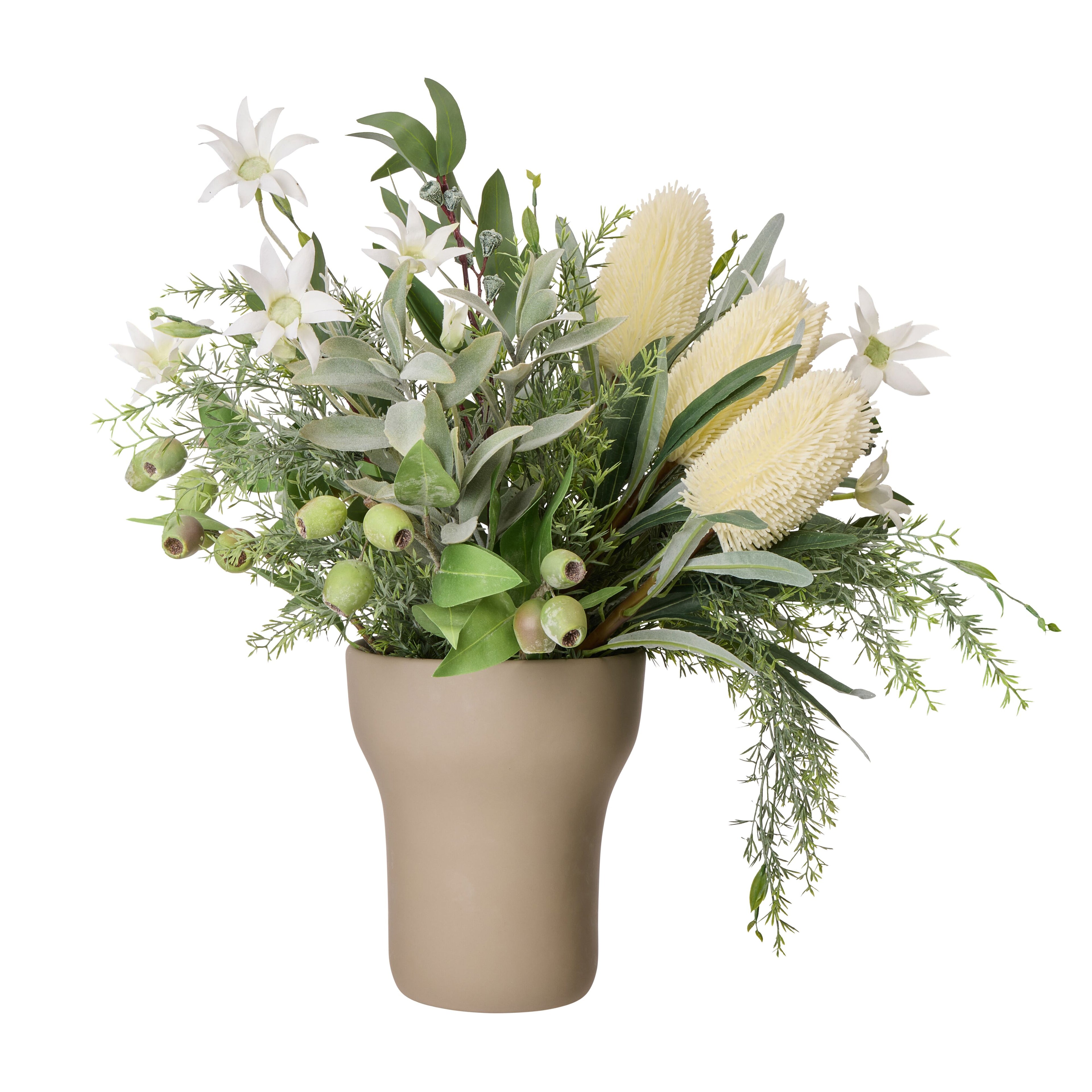Faux Banksia Tea Leaf Mix - Douglas Vase | White - 57cm