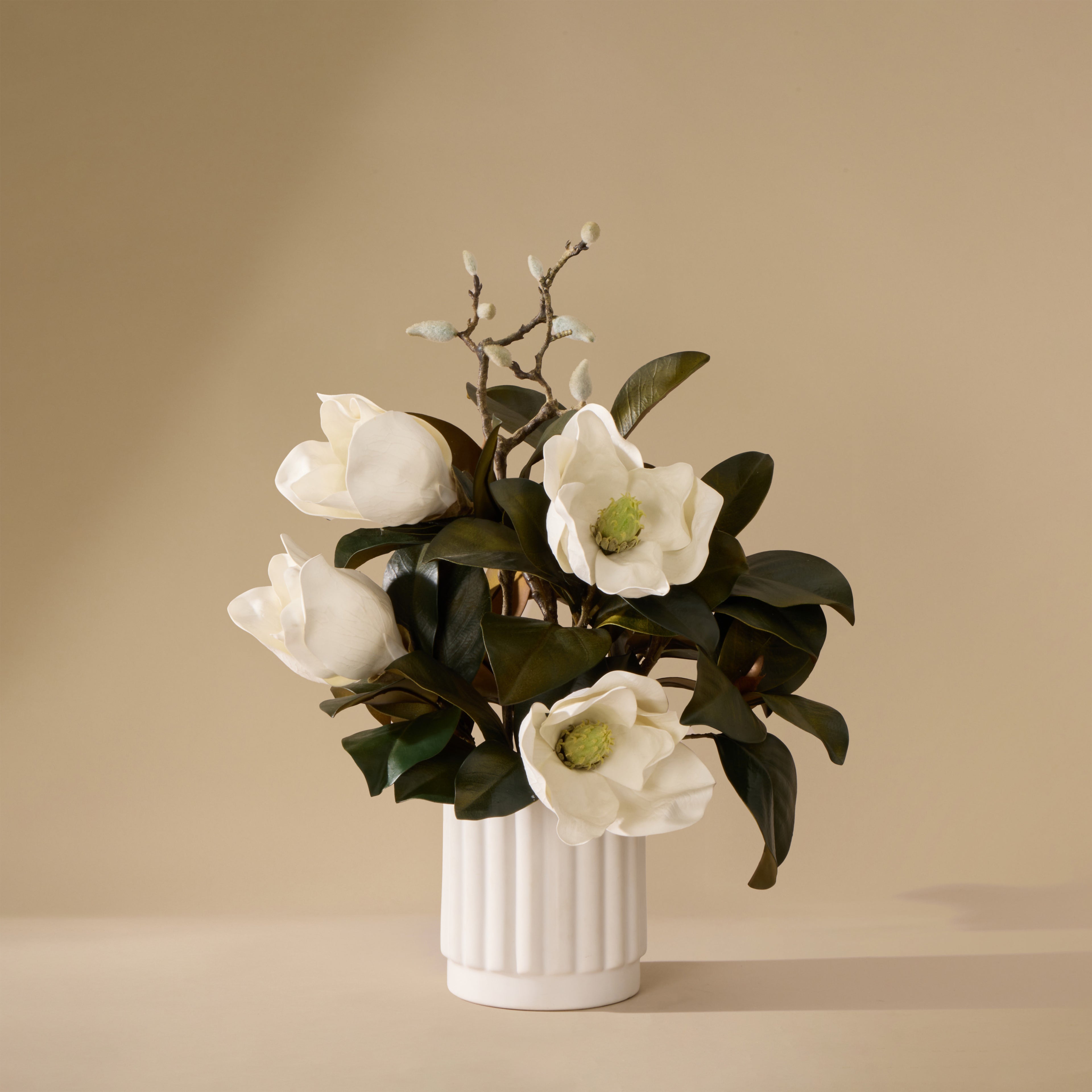 Faux Magnolia Mix - Agra Ribbed Planter | White - 59cm