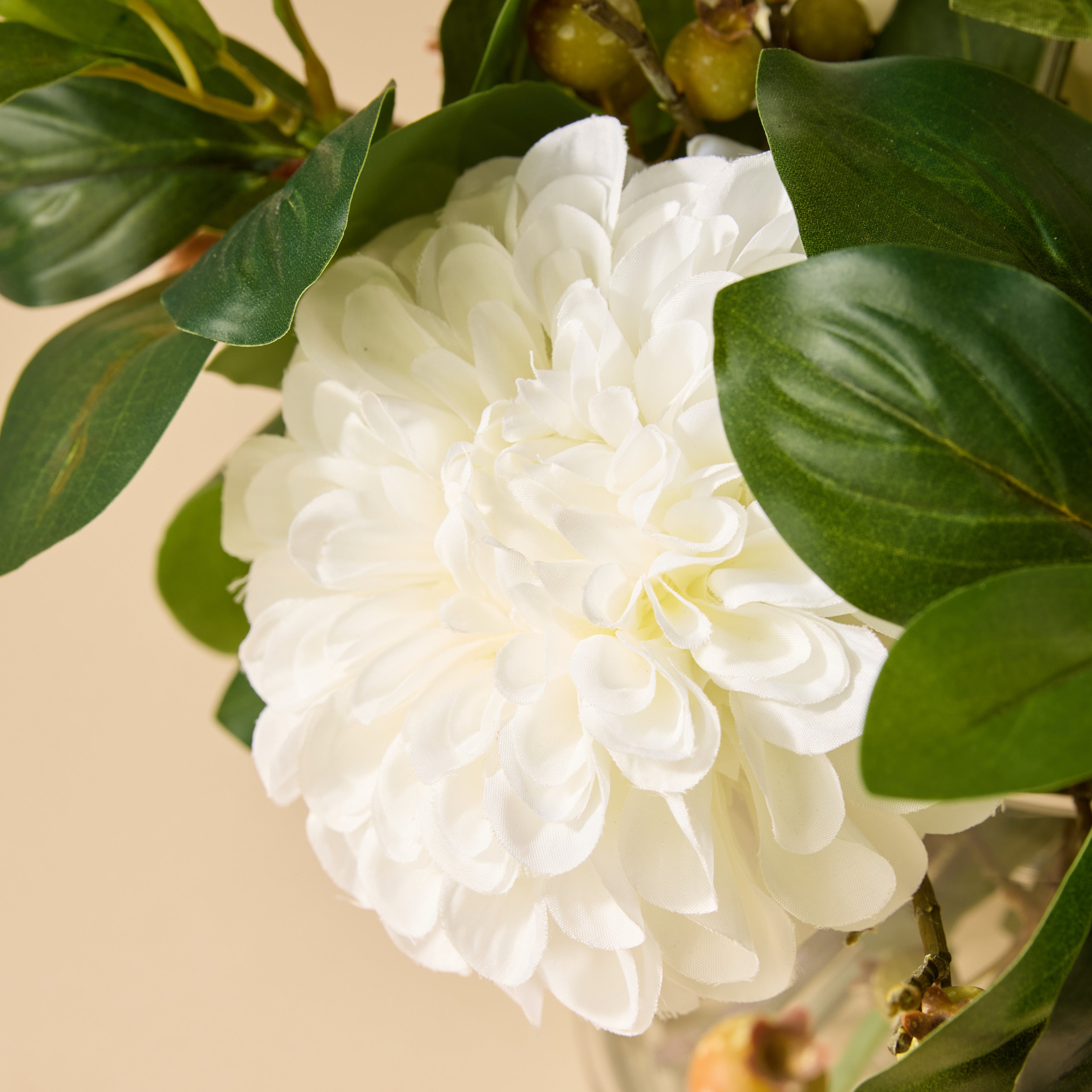 Faux Chrysanthemum Berry Arrangement - Classic Bowl | White - 56cm