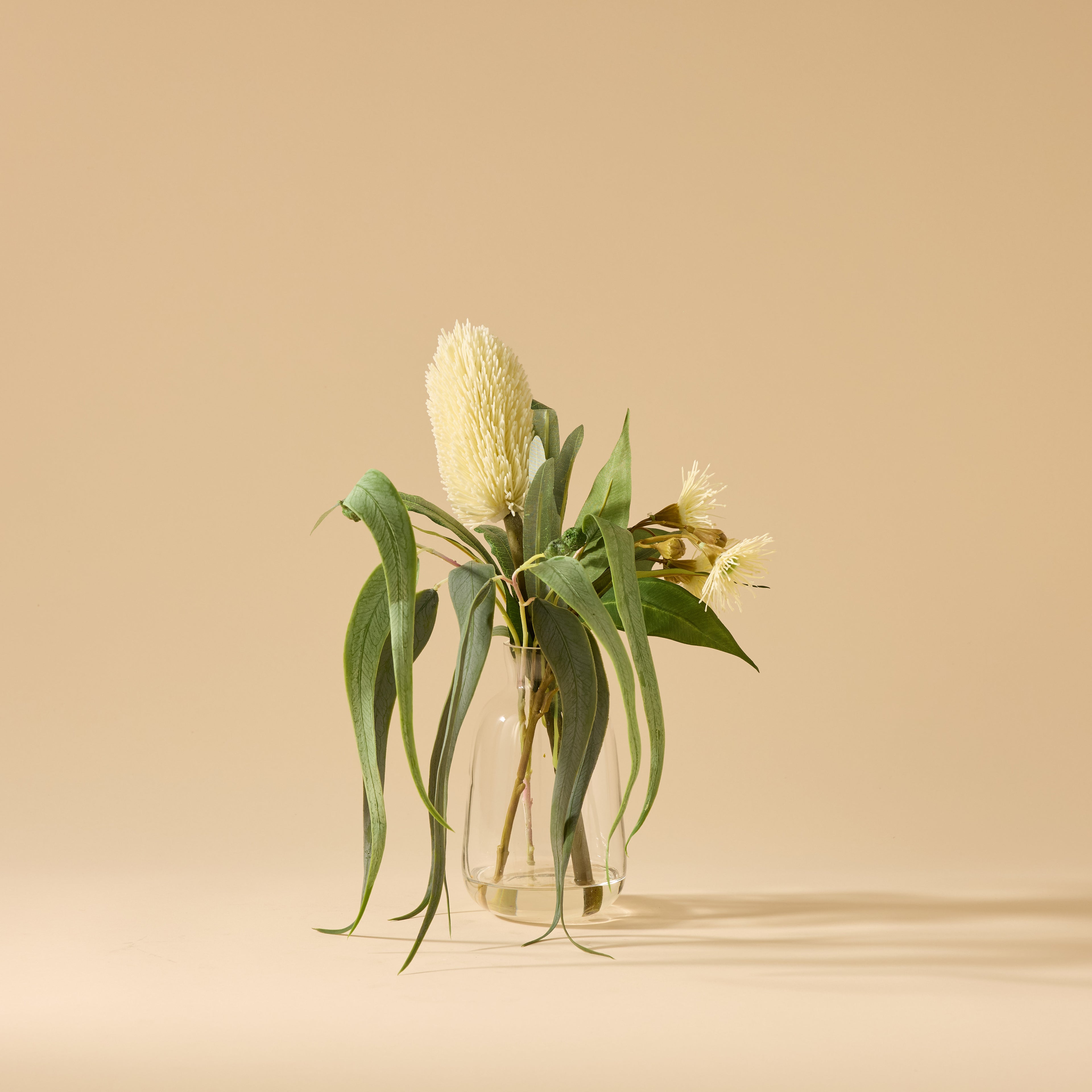 Faux Banksia Eucalyptus Arrangement - Glass Vase | Cream - 38cm