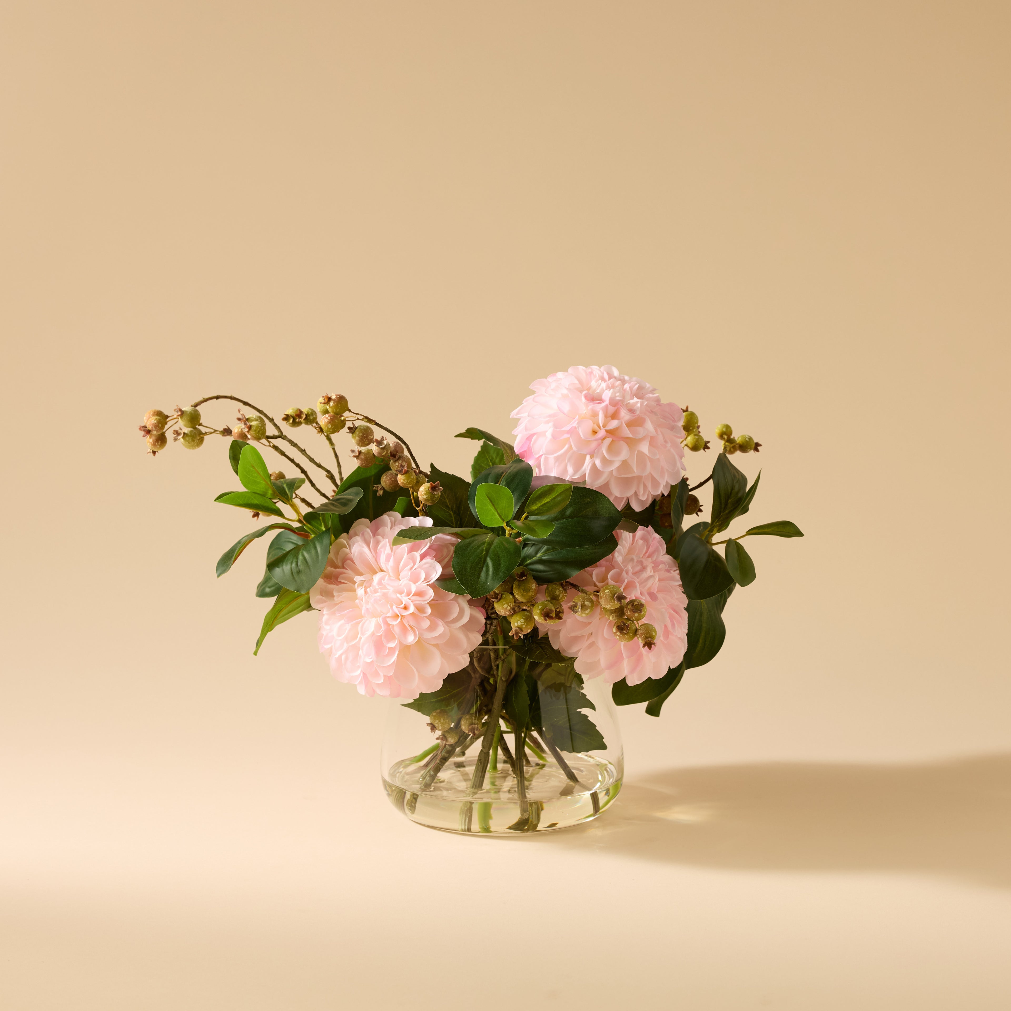Faux Chrysanthemum Berry Arrangement - Classic Bowl | Light Pink - 56cm