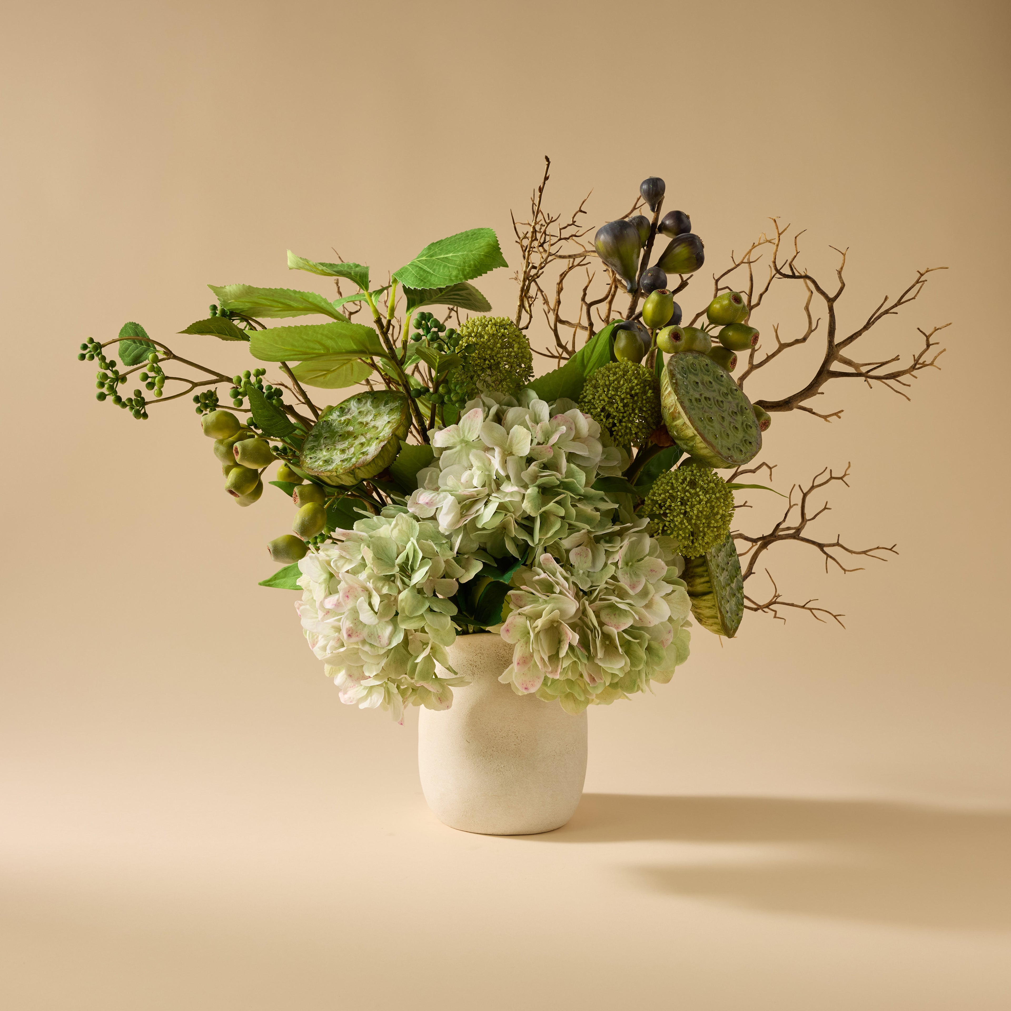 Faux Hydrangea Lotus Pod Fig Mix - Maliah Pot | Green - 62cm