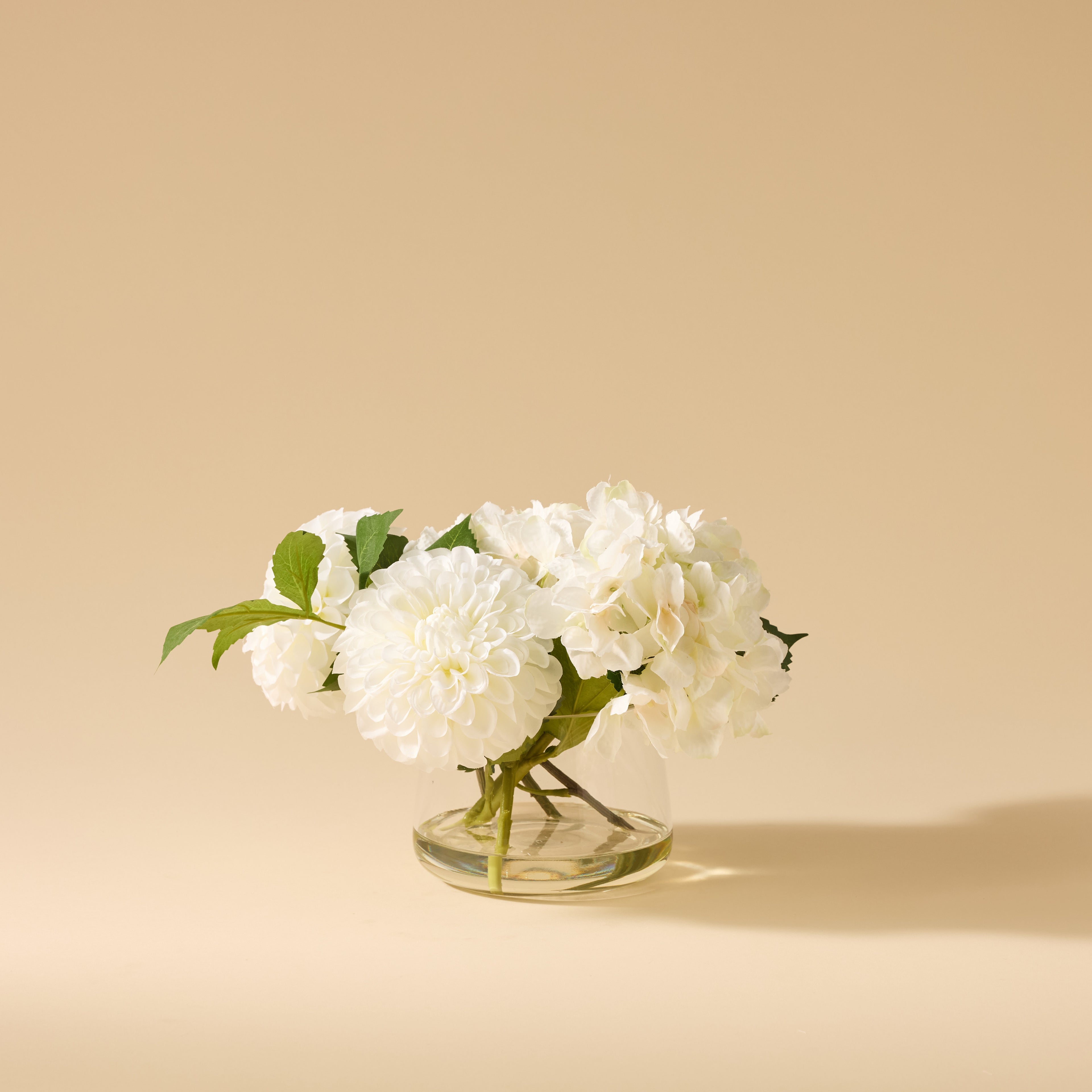 Faux Chrysanthemum Hydrangea Arrangement - Classic Bowl | White - 23cm