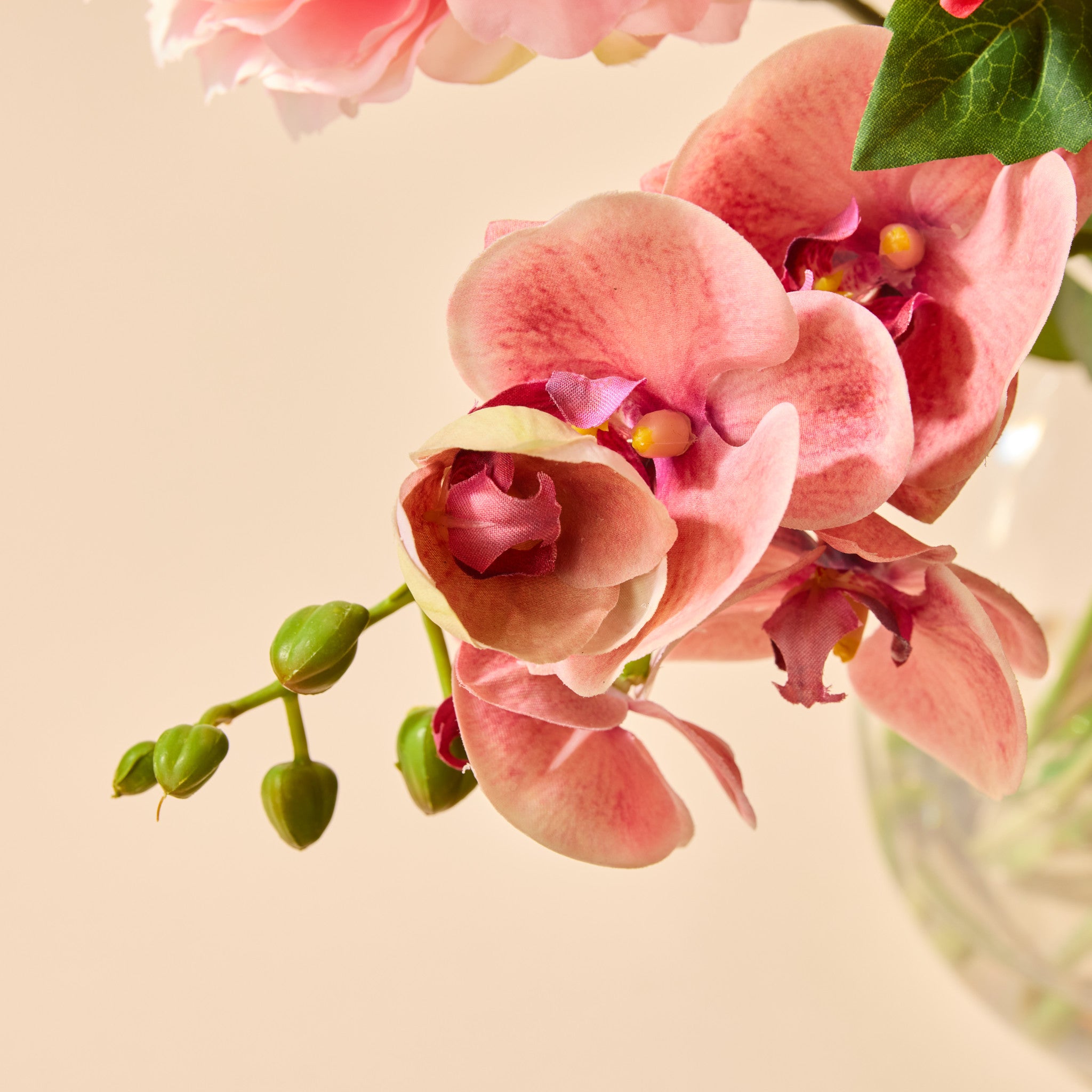 Faux Peony Cherry Blossom Arrangement - Glass Vase