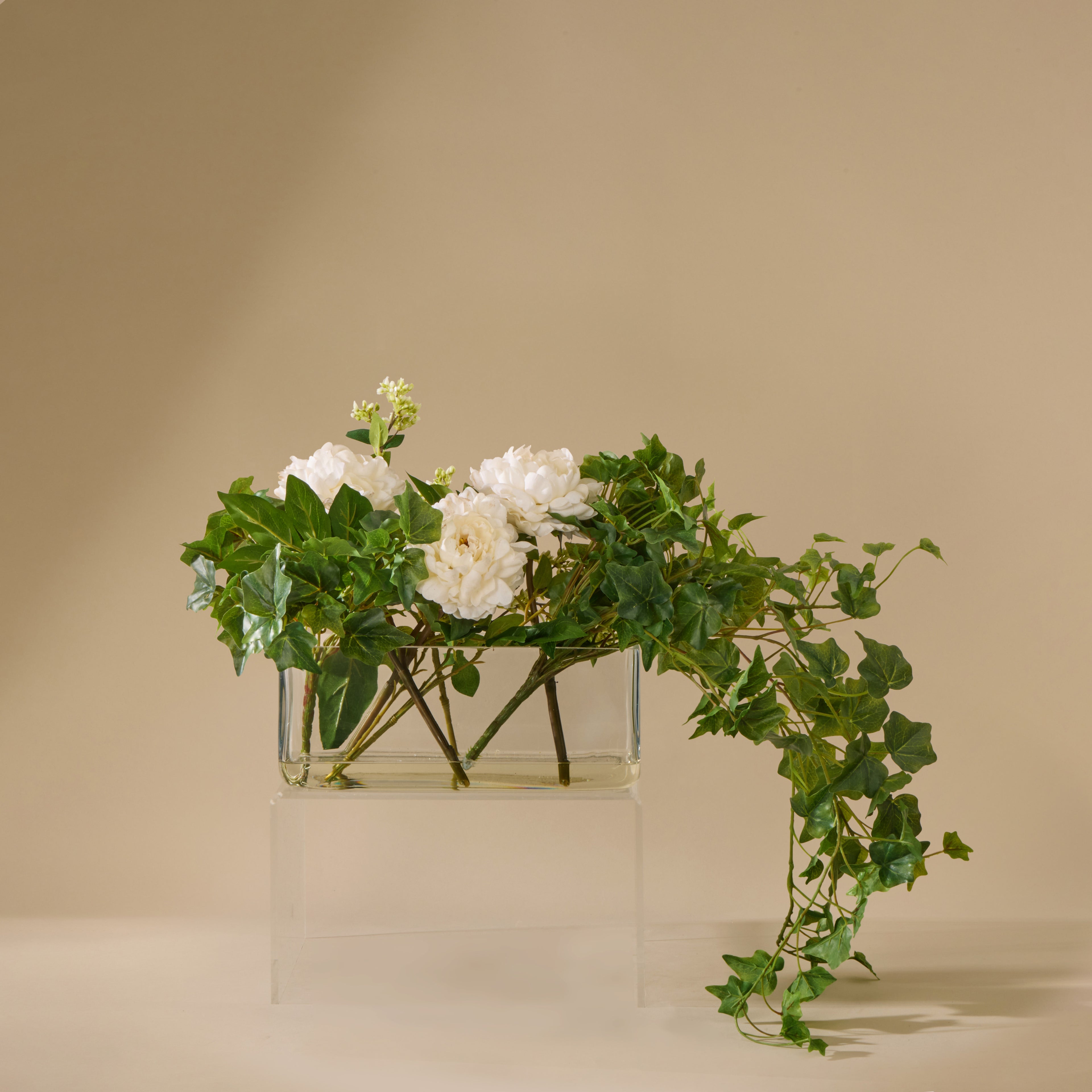 Faux Peony Ivy Mix - Esme Trough Vase | White - 32cm