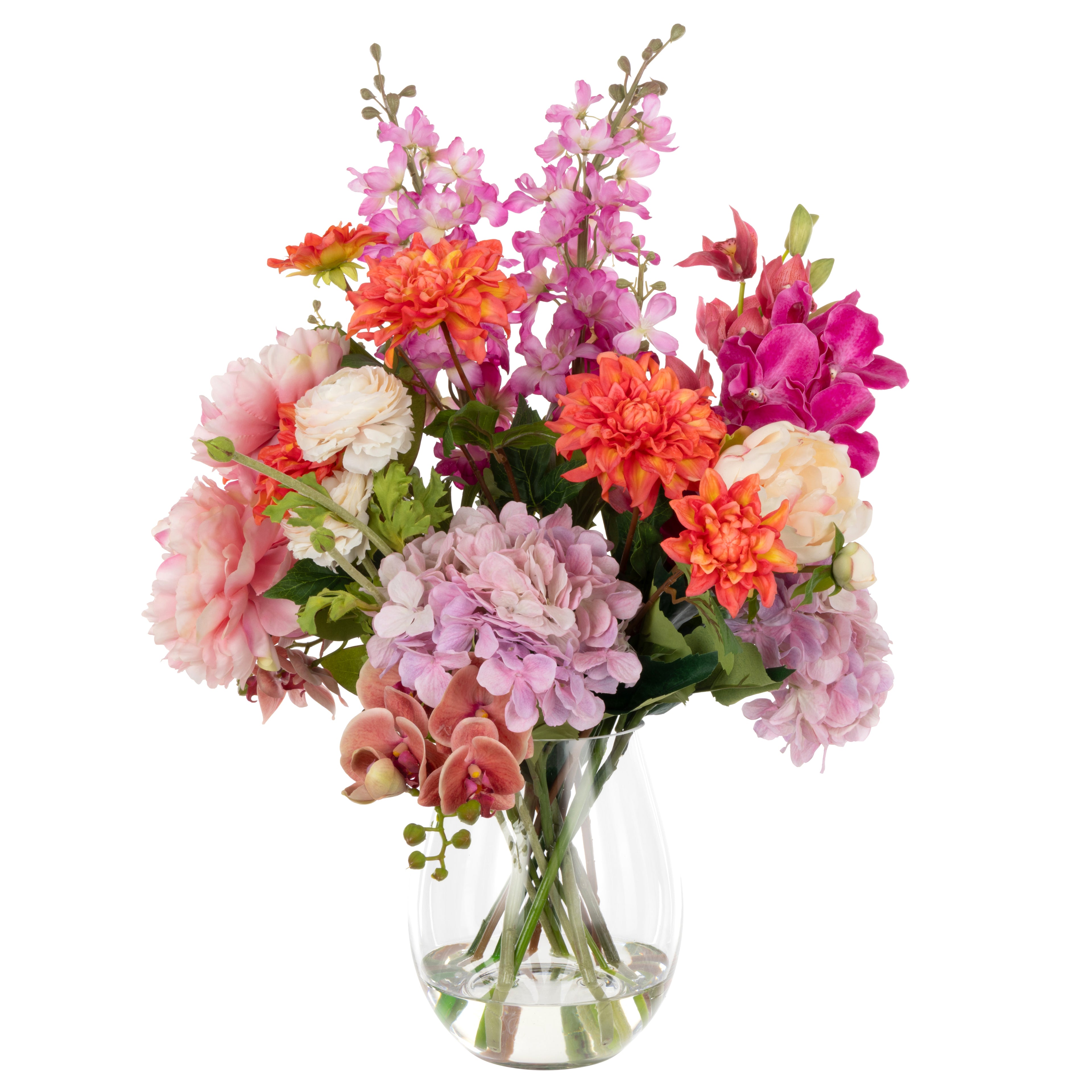 Faux Peony Cherry Blossom Arrangement - Glass Vase