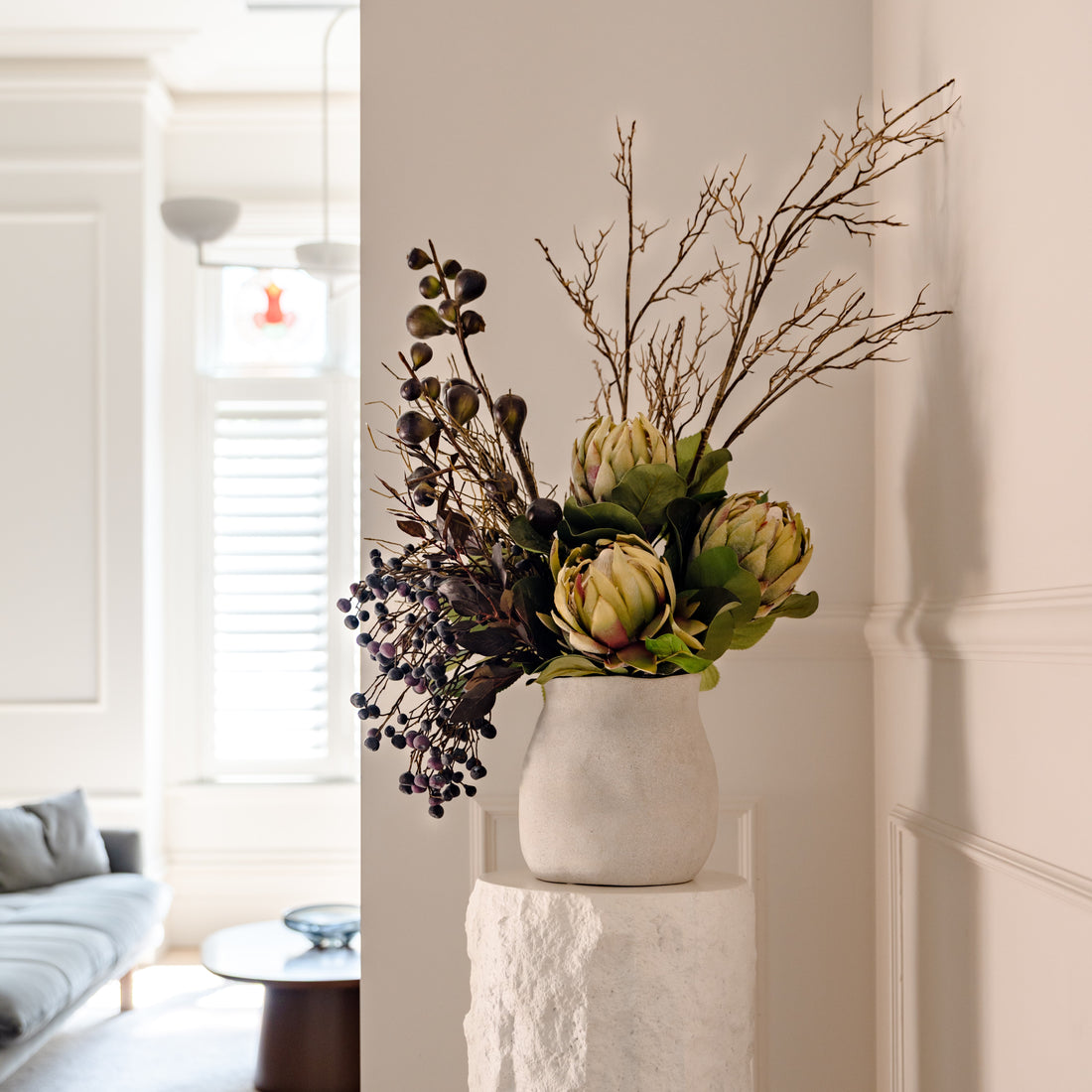 Faux Protea Fig Berry Mix Arrangement - Maliah Pot | Green - 90cm