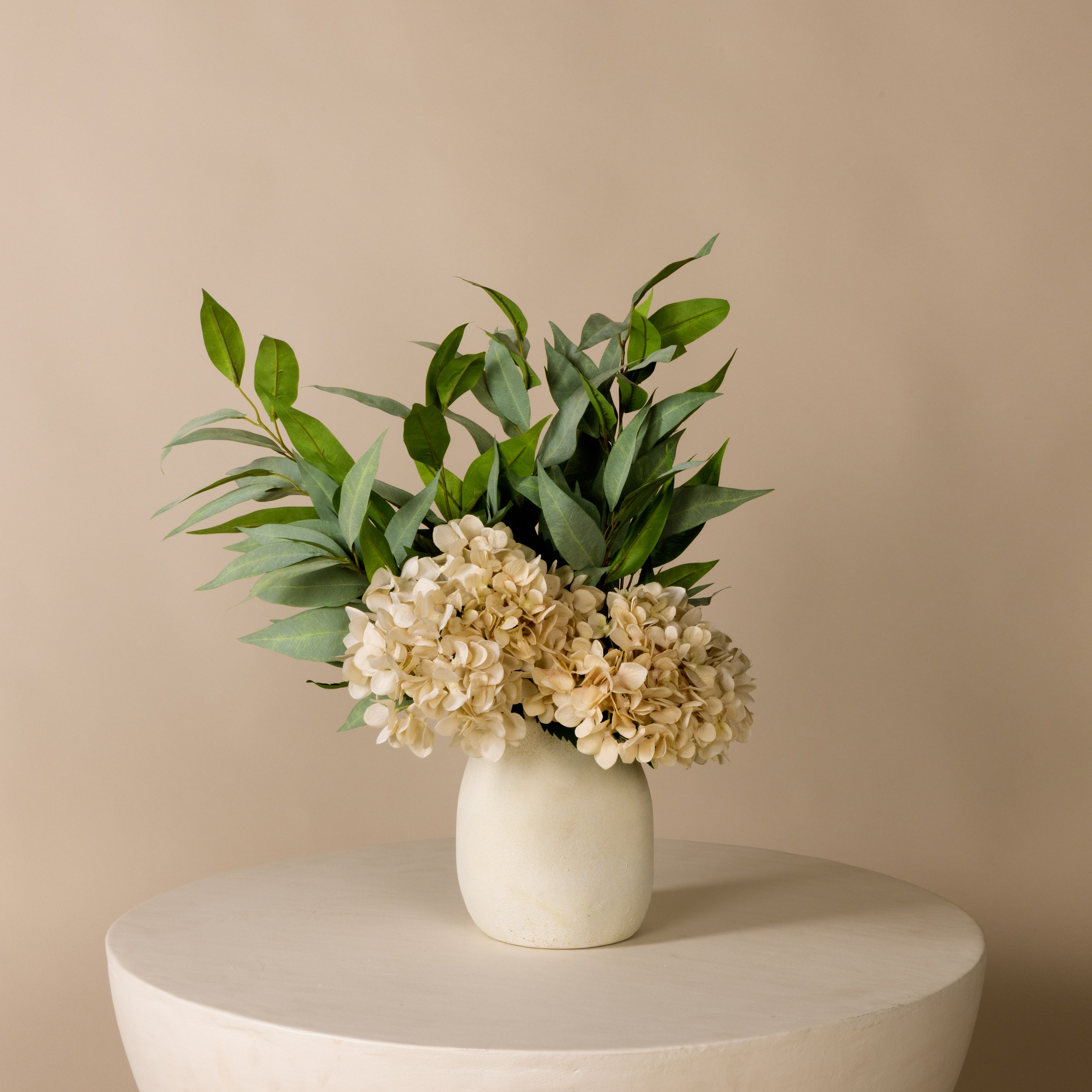 Grand Hydrangea Eucalyptus Mix - Maliah Pot | Cream | Three Birds Set