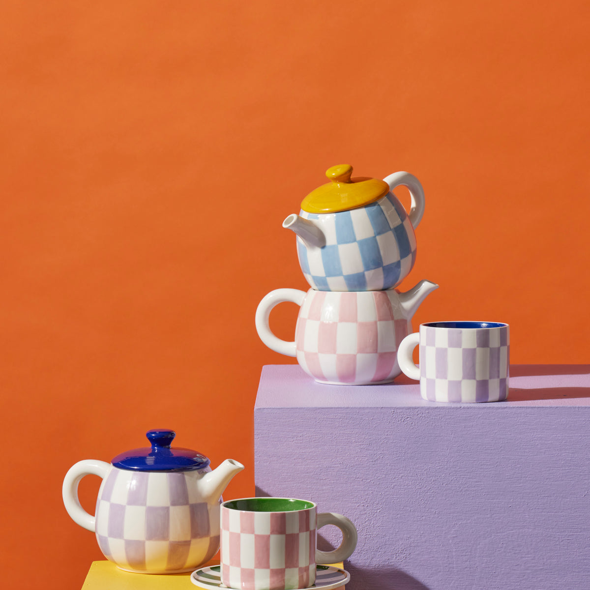 Emporium Check Teapot 700ml Blue &amp; Orange