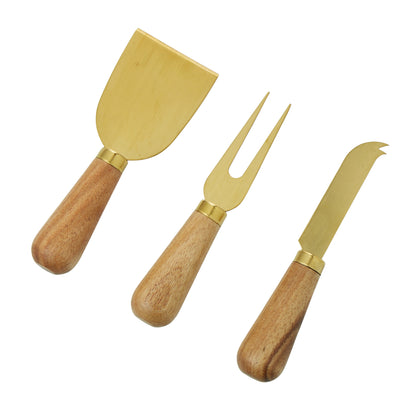 Davis &amp; Waddell Acacia &amp; Brass Cheese Knives 3pcs Set Natural