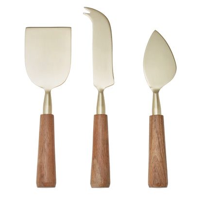 Amalfi Acacia Wood &amp; Stainless Steel Cheese Knife 3pcs Set Gold &amp; Walnut