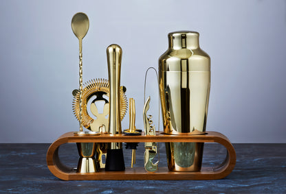 Davis &amp; Waddell Bar Set with Acacia Stand Gold