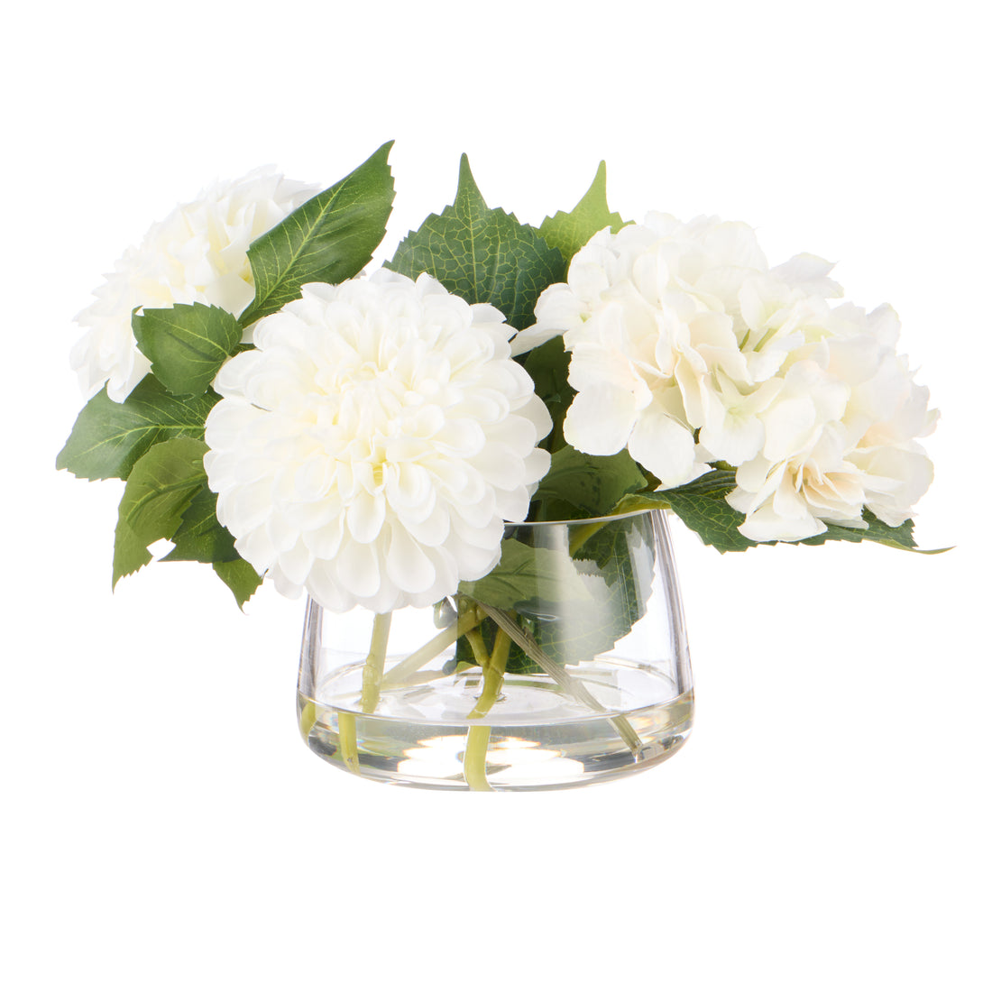 Faux Chrysanthemum Hydrangea Arrangement - Classic Bowl | White - 23cm