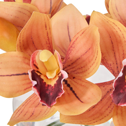 Faux Cymbidium - Glass Vase | Orange -  20cm