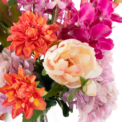 Faux Peony Cherry Blossom Arrangement - Glass Vase
