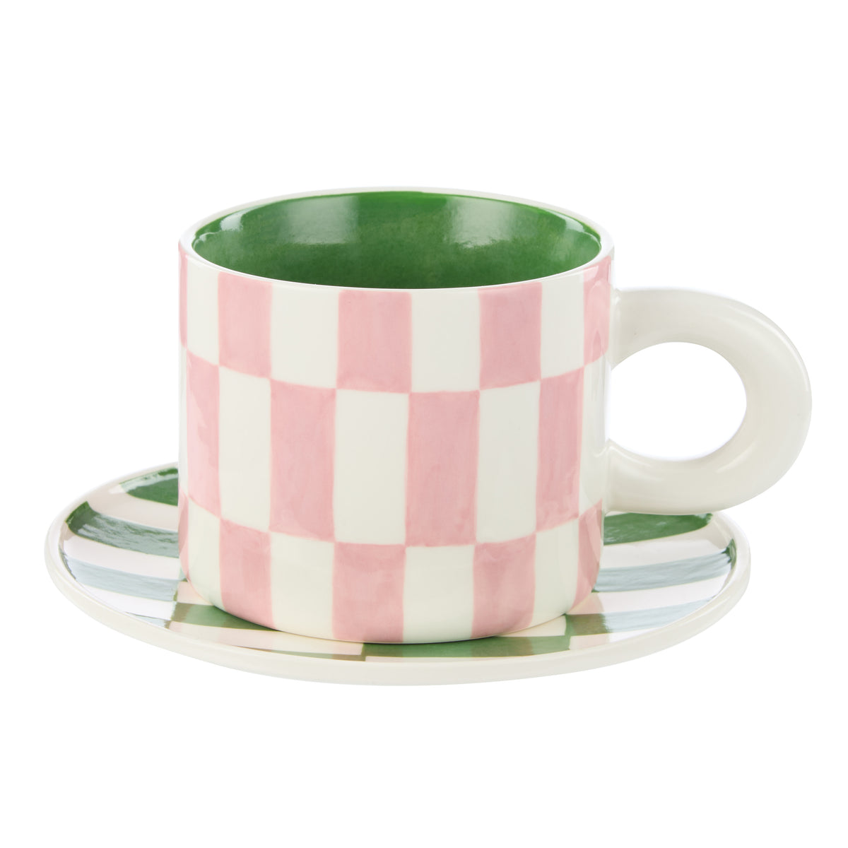 Emporium Check Mug &amp; Plate Set Pink &amp; Green