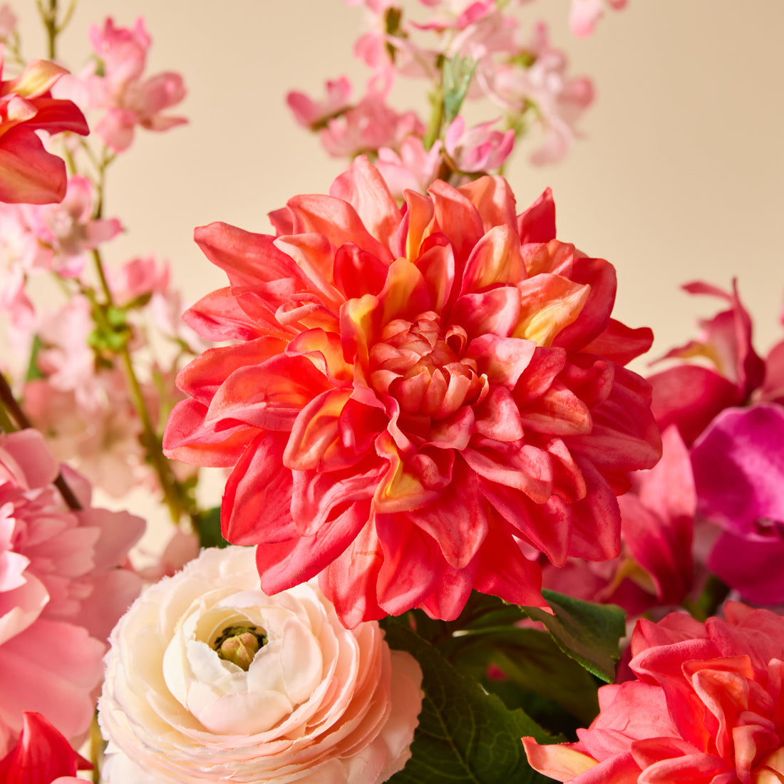 Faux Peony Cherry Blossom Arrangement - Glass Vase