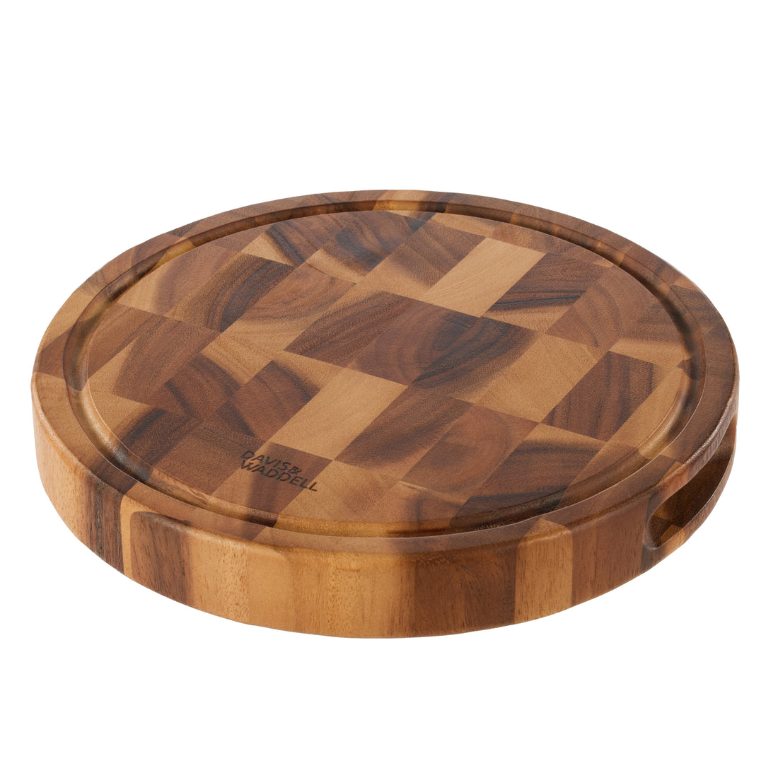 Davis &amp; Waddell Round Acacia Wood End Grain Cut Board Natural Matt Lacquer