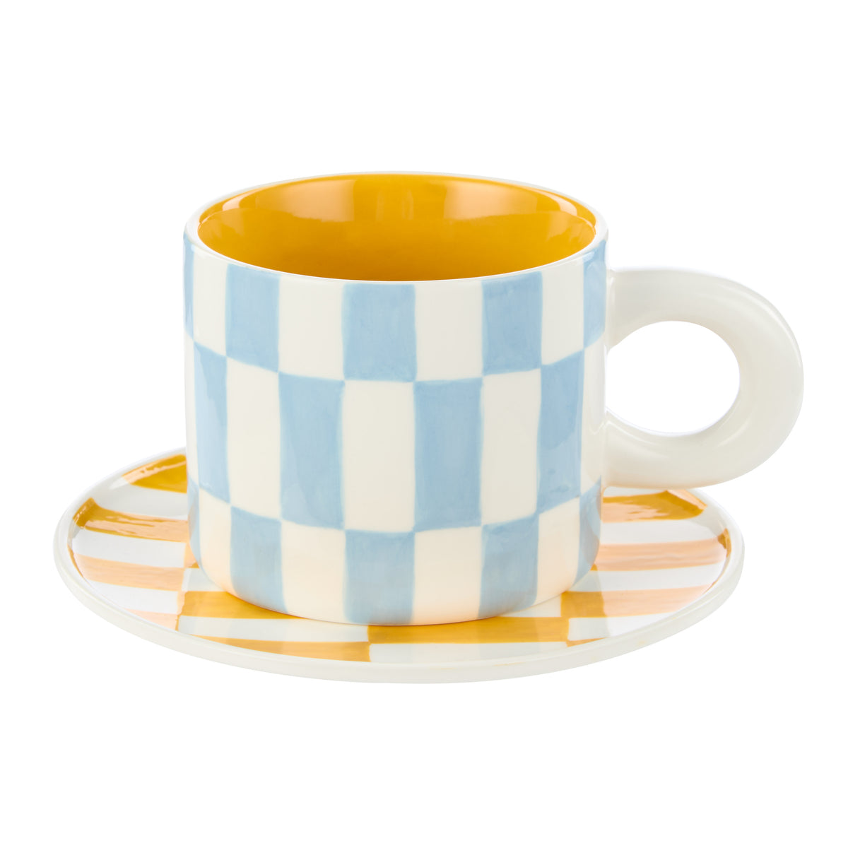 Emporium Check Mug &amp; Plate Set Blue &amp; Orange
