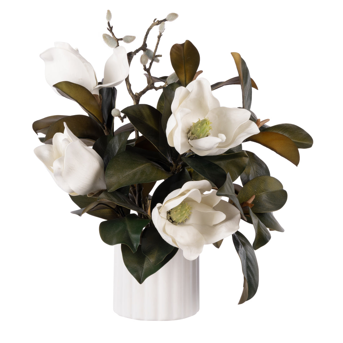 Faux Magnolia Mix - Agra Ribbed Planter | White - 59cm