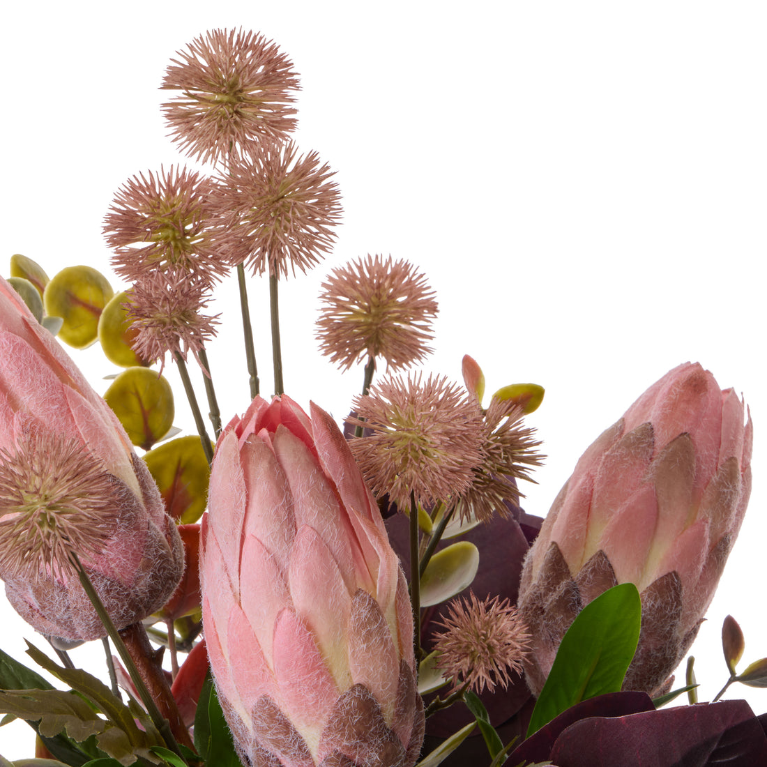 Faux Protea Eucalyptus Mix - Pail Vase | Burgundy -  46cm
