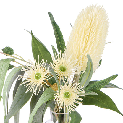 Faux Banksia Eucalyptus Arrangement - Glass Vase | Cream - 38cm
