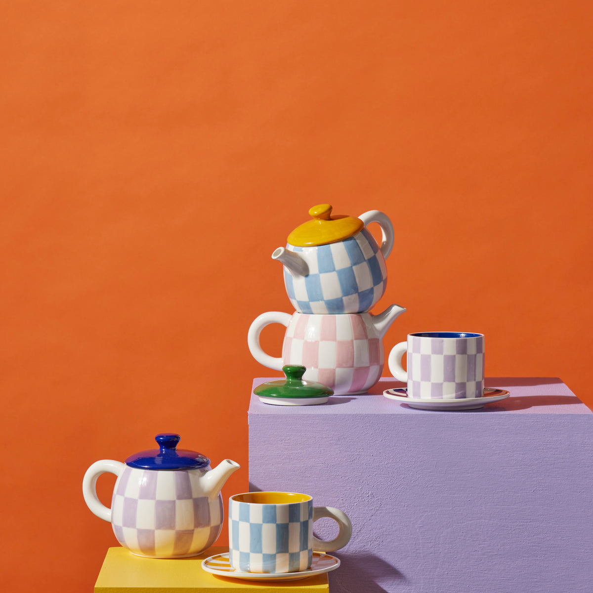 Emporium Check Teapot 700ml Blue &amp; Orange