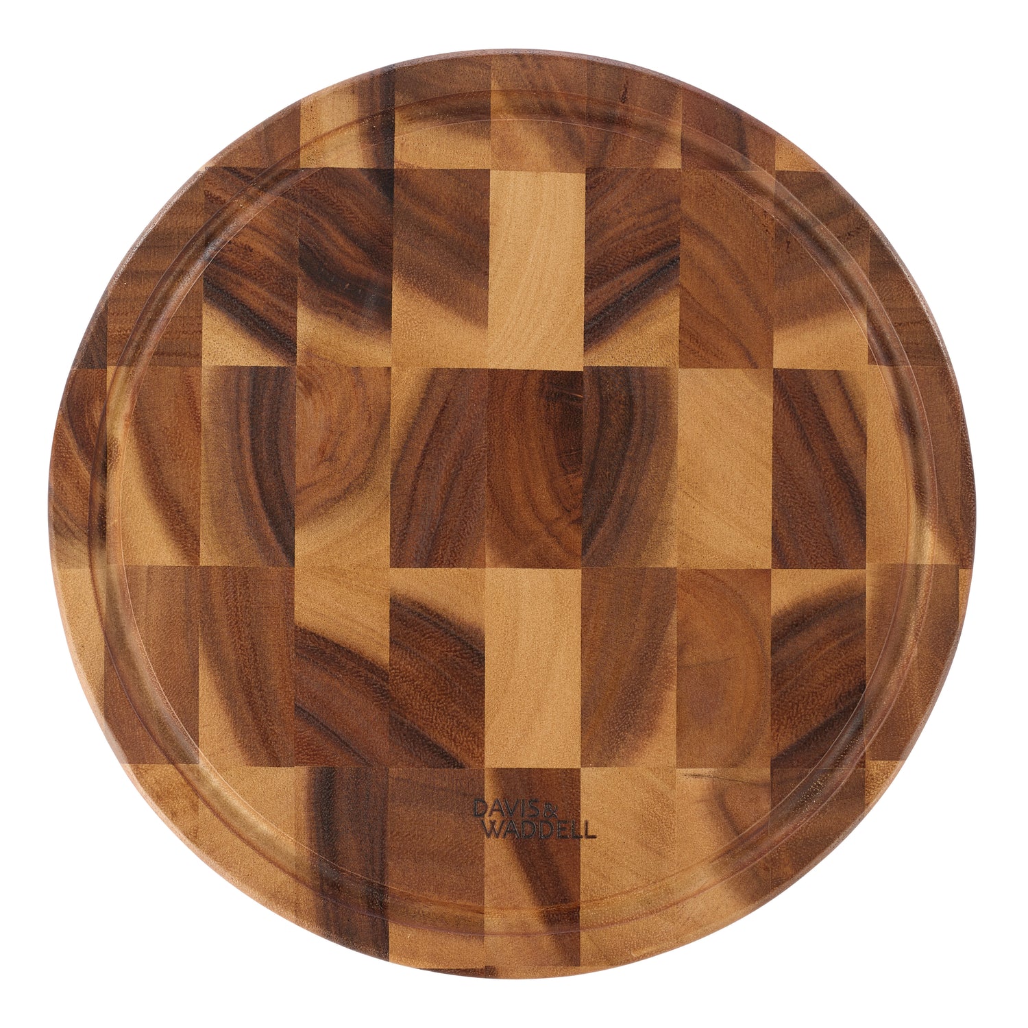 Davis &amp; Waddell Round Acacia Wood End Grain Cut Board Natural Matt Lacquer
