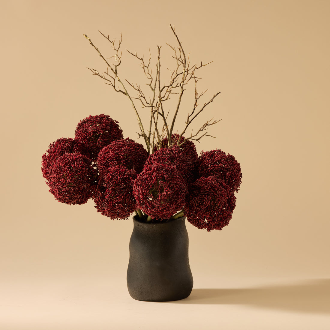 Faux Allium Spray Arrangement - Maliah Pot Black | Burgundy - 65cm