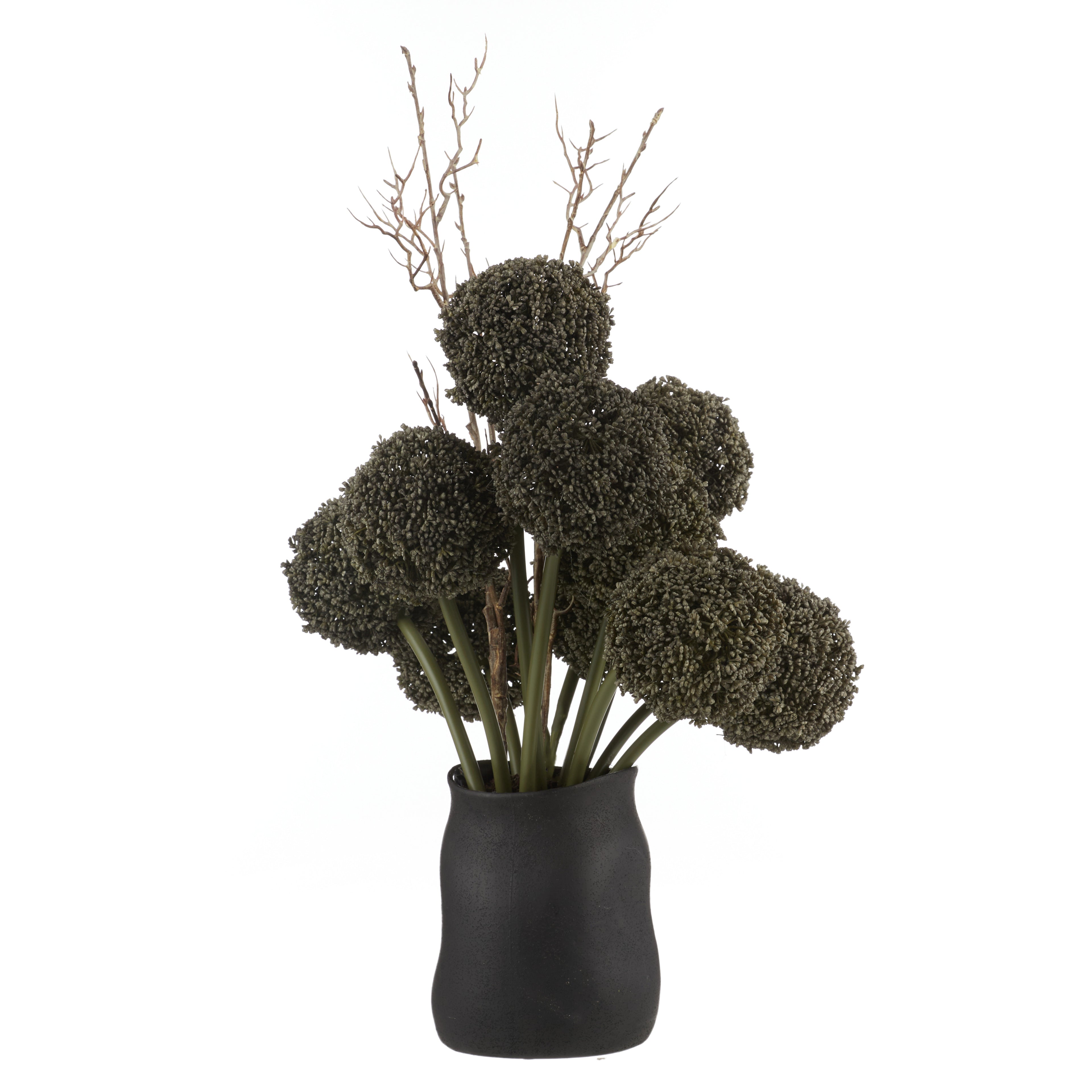Faux Allium Spray Arrangement - Maliah Pot Black | Green - 65cm